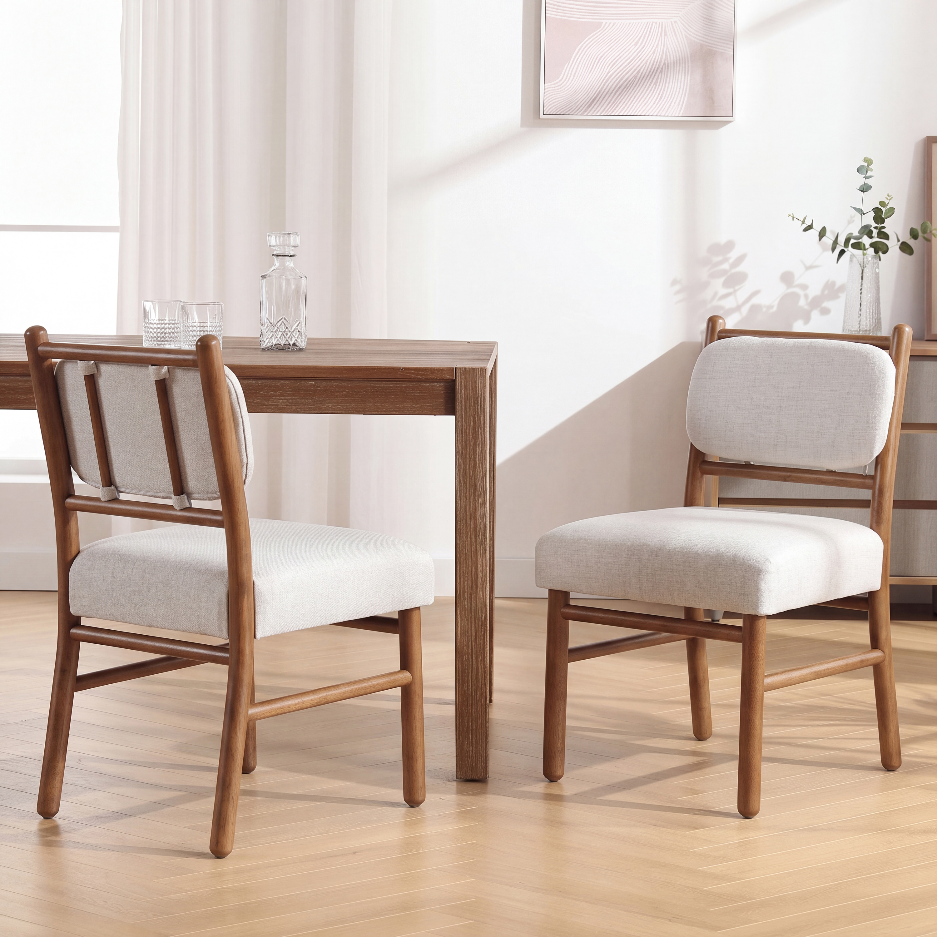 Chaises salle à manger 2 pcs, bois caoutchouc, tissu beige