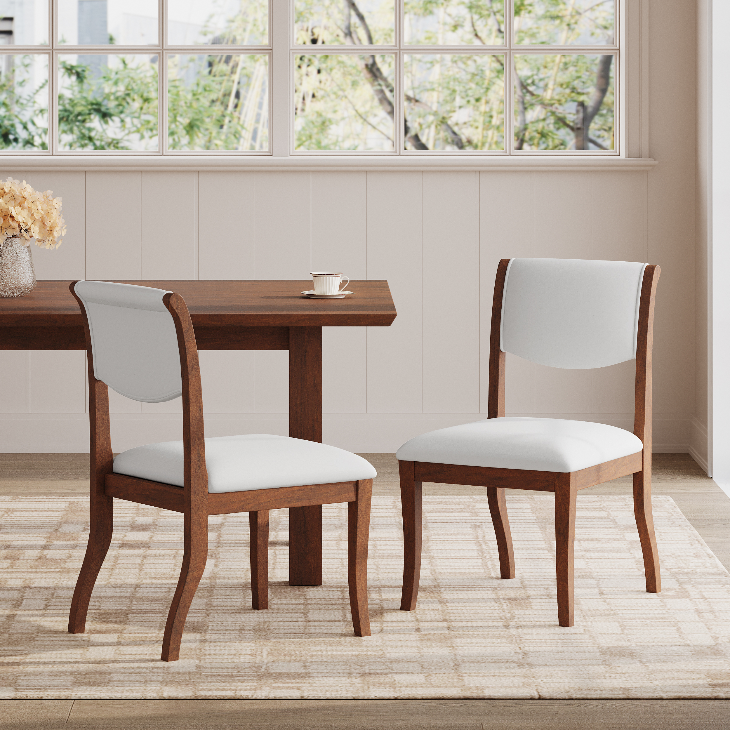 Ensemble 2 chaises de salle à manger noyer, tissu, cadre bois
