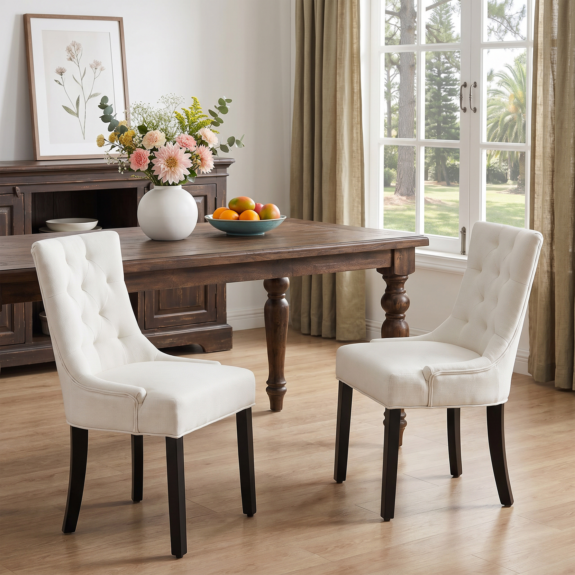 Chaise salle à manger lin tufté bois massif, ensemble 2 beige