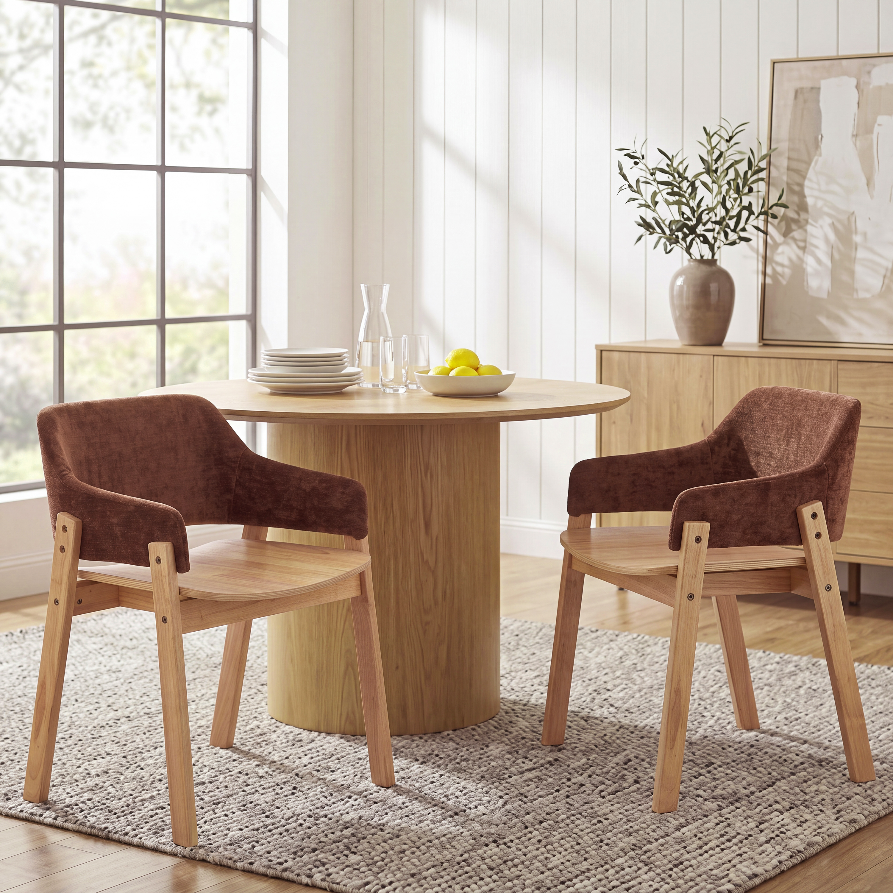 Chaises salle à manger 2pc accoudoirs tissu brun bois caoutchouc