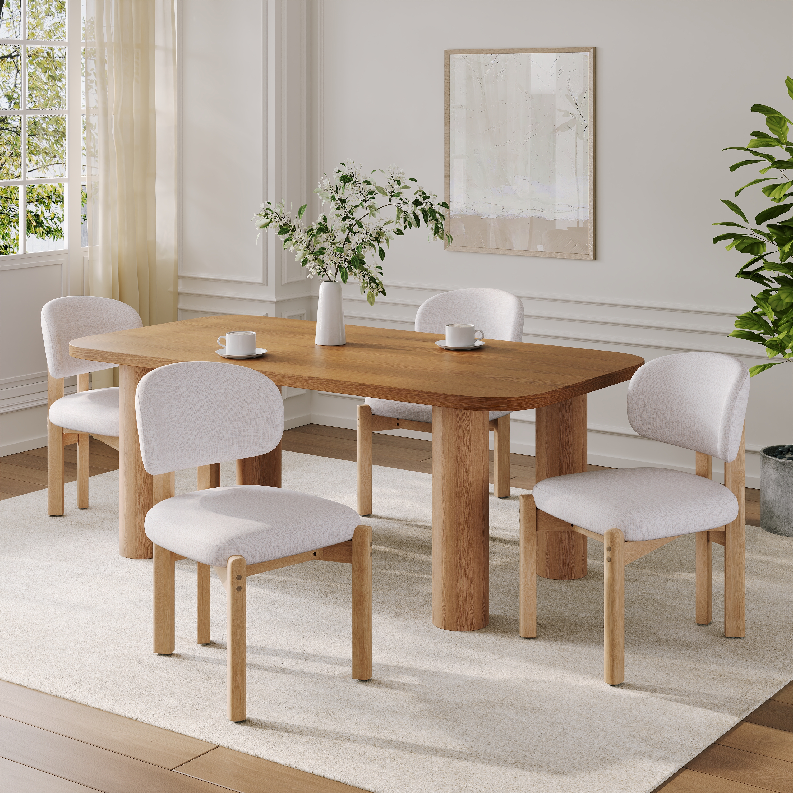Chaises salle à manger scandinaves beige, cadre bois naturel, ensemble de 4
