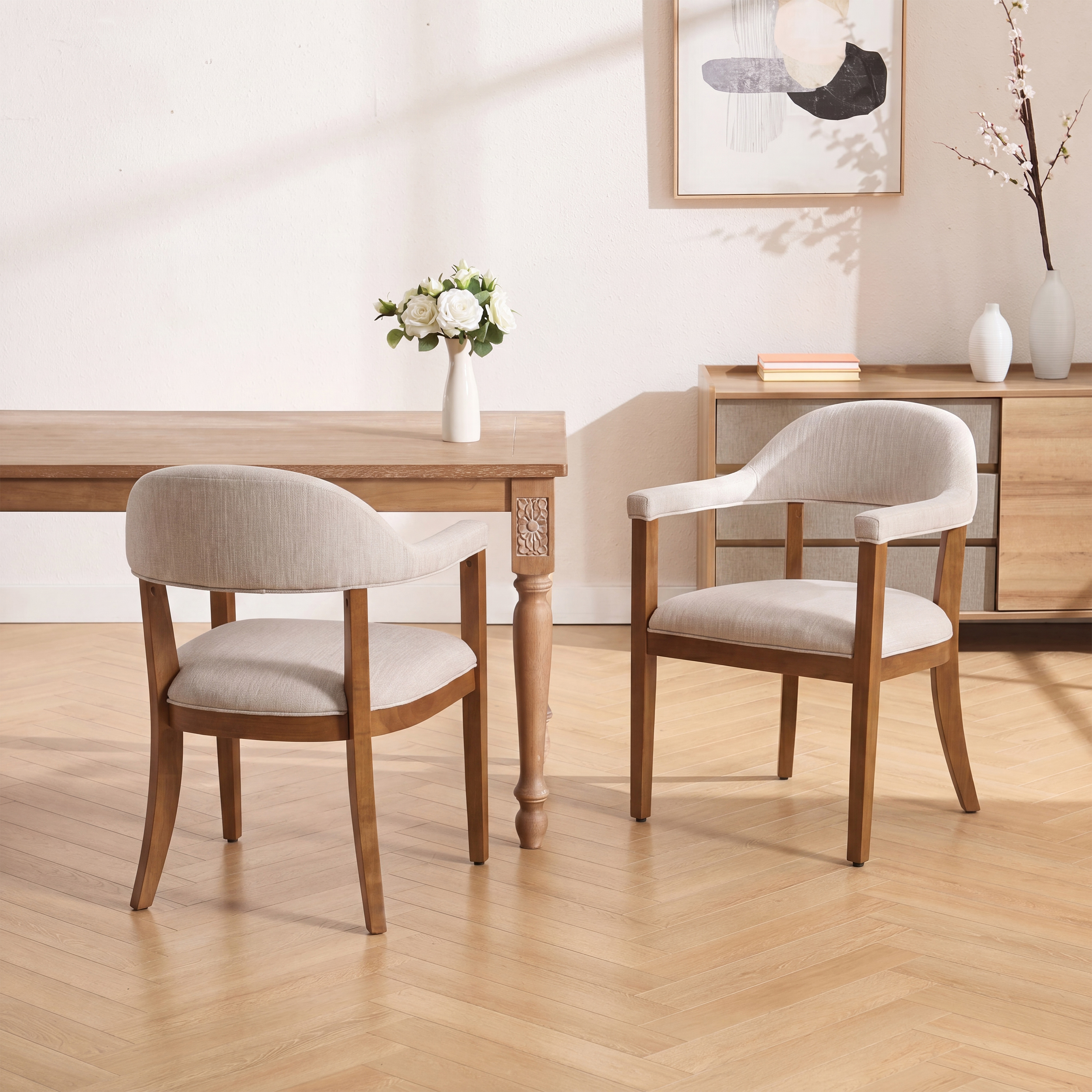 2 chaises din. bois noyer + beige, avec accoudoirs