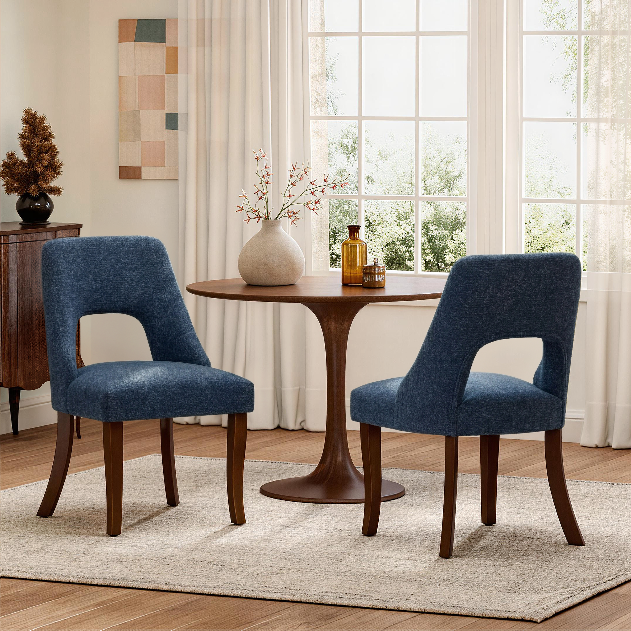 2 chaises din. tissu chenille, pieds bois, marine