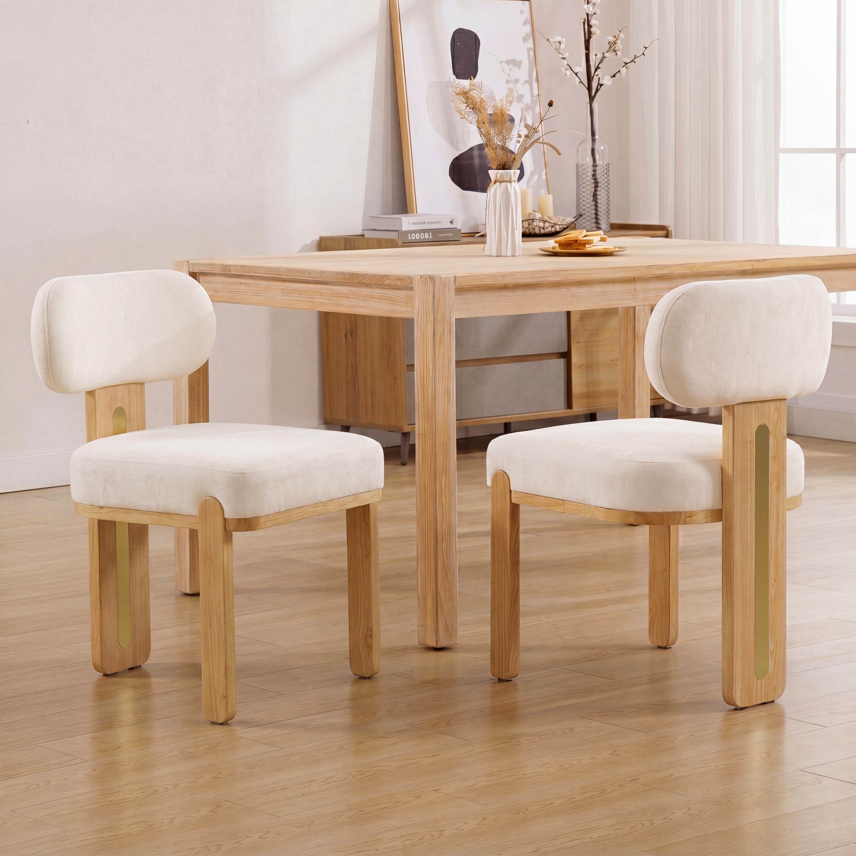 Chaise salle à manger ronde tissu bois caoutchouc beige
