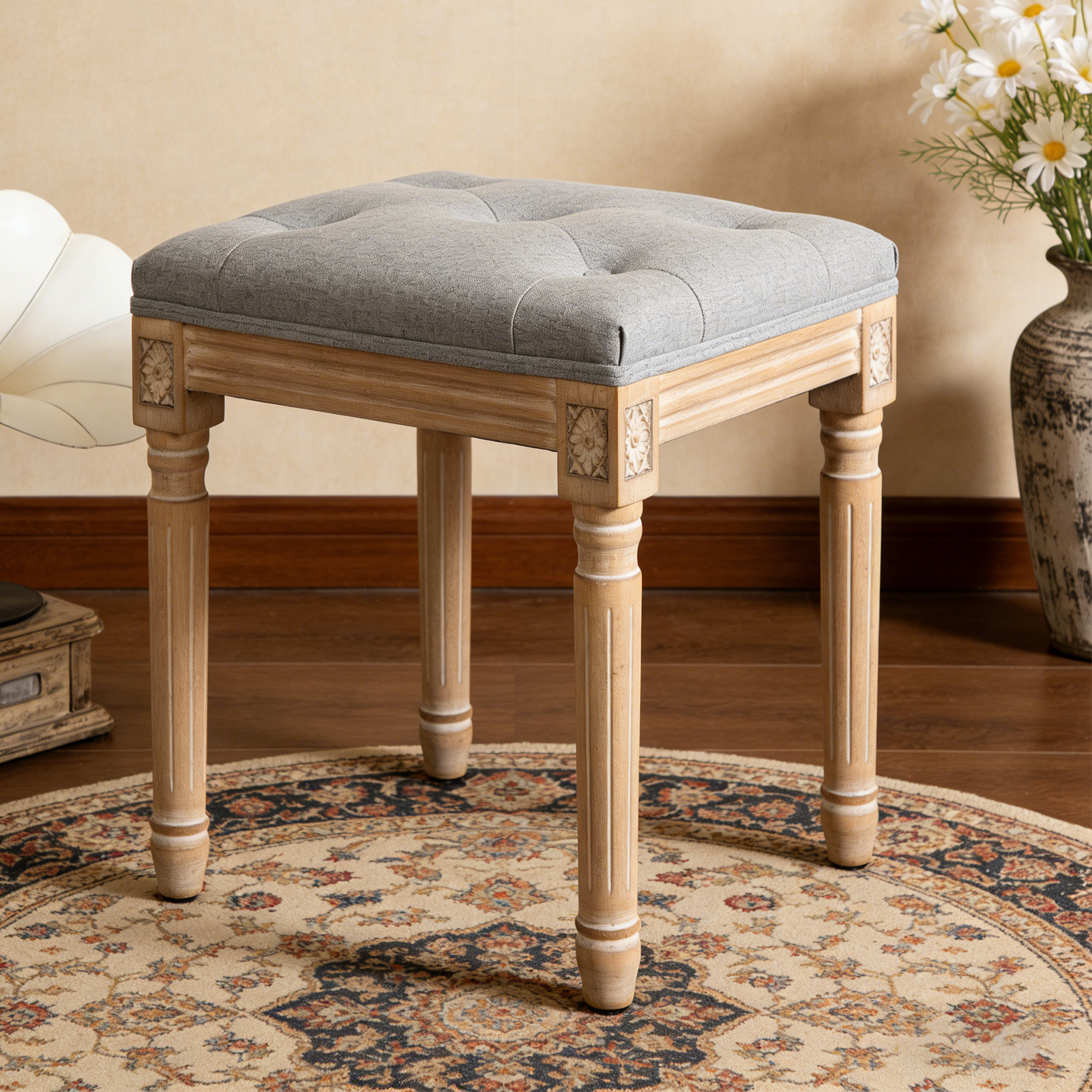 Banc vanité capitonné lin pieds bois, gris