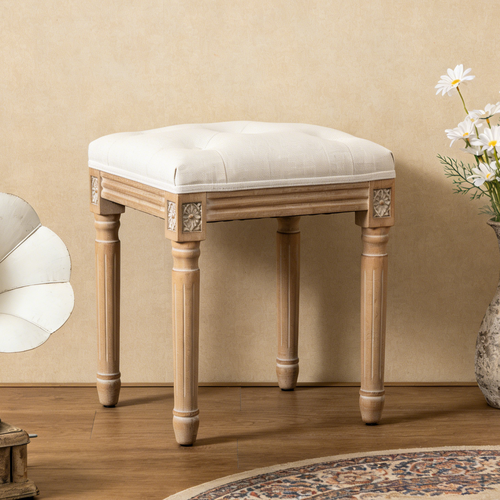 Banc vanité capitonné lin pieds bois, beige