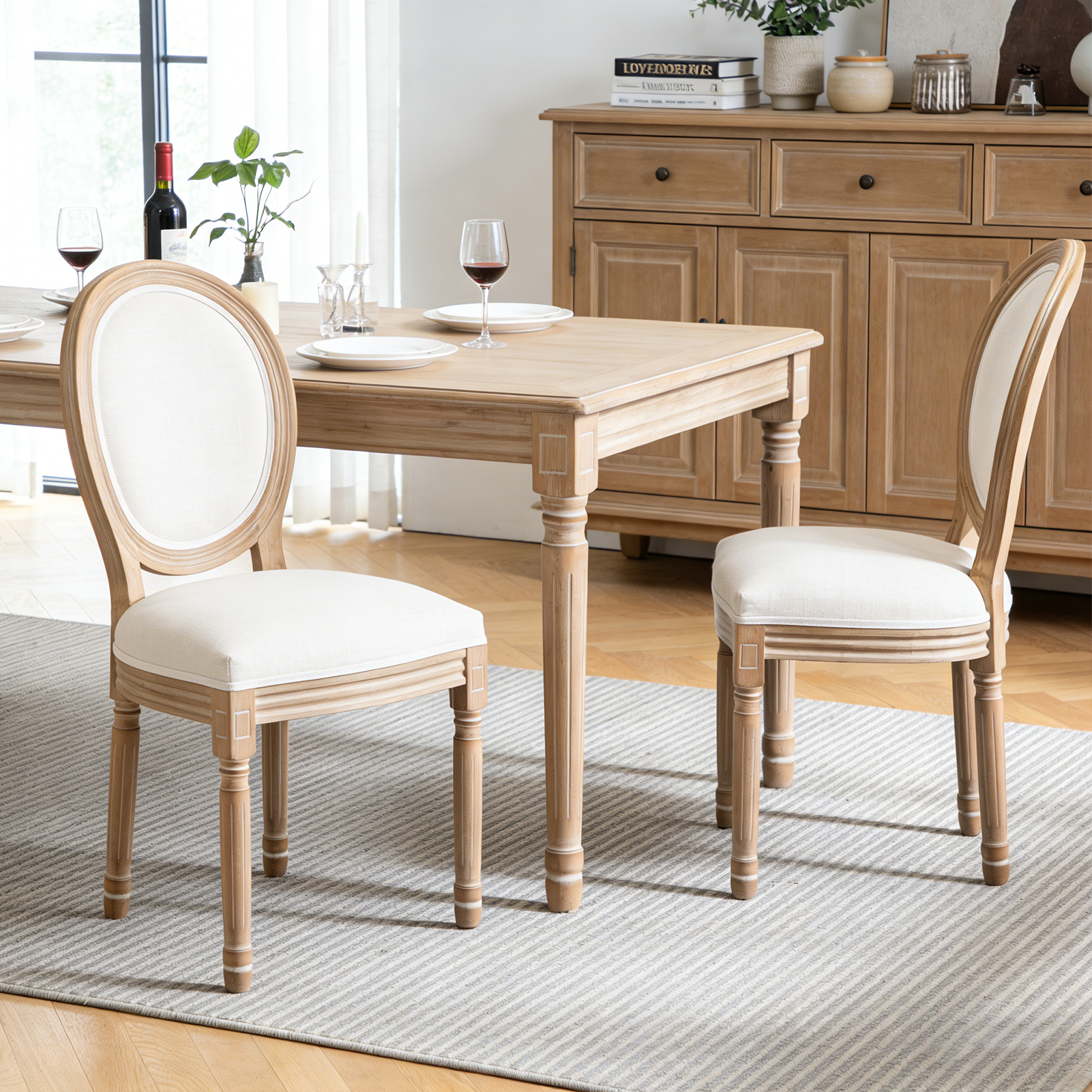 Chaises salle à manger bois lin beige, ensemble de 2, coussin