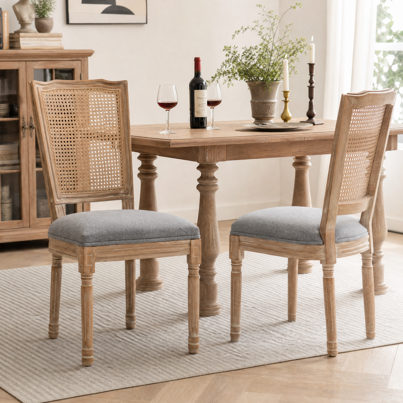 Ensemble 2 chaises salle à manger bois lin, dossier rotin effilé, gris