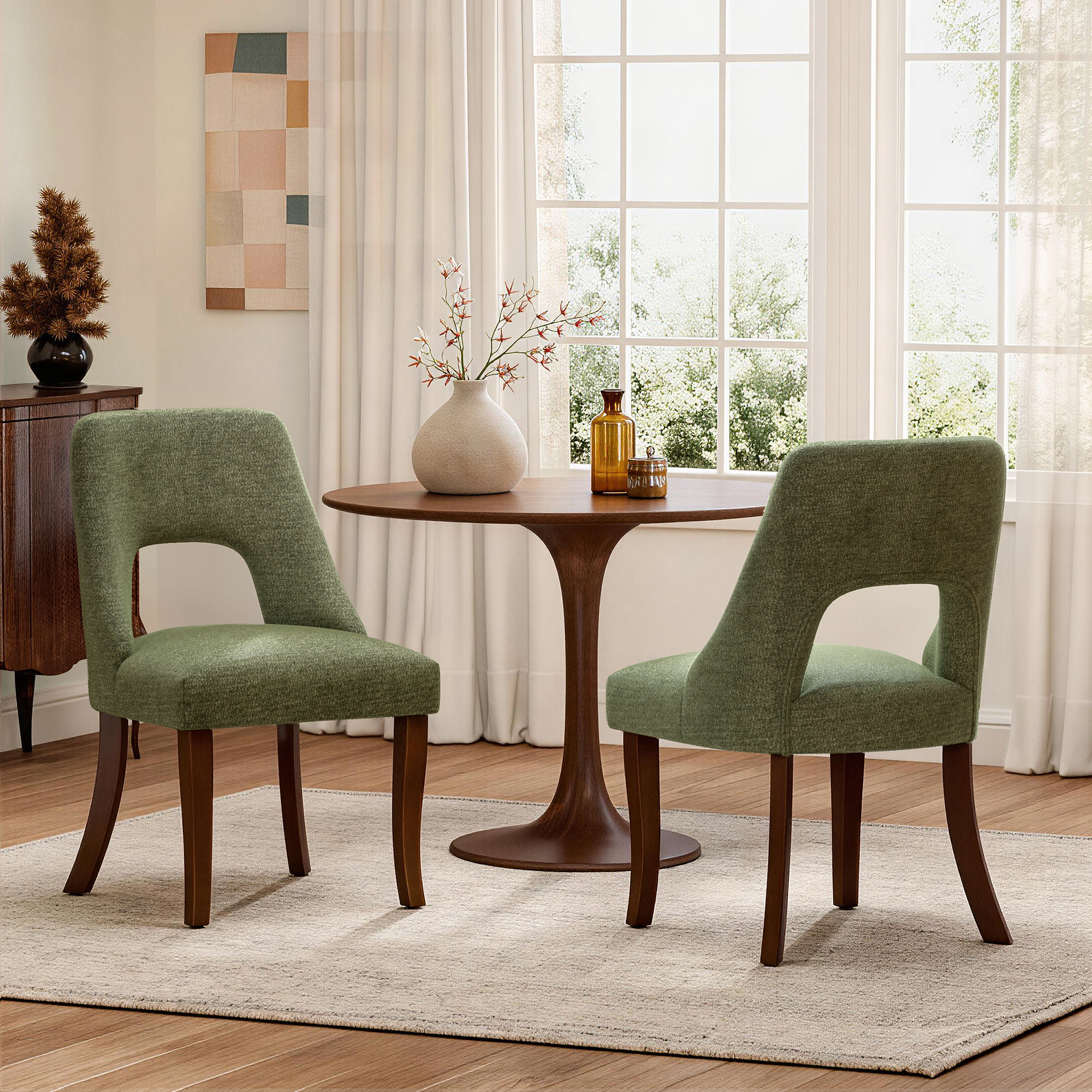 2 chaises din. tissu chenille, pieds bois, vert