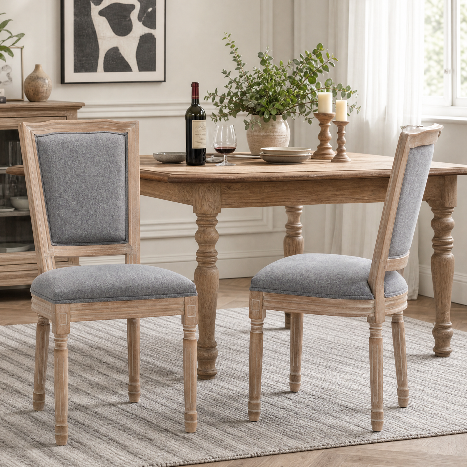 Chaises fermette bois avec coussin lin gris, 2 pièces