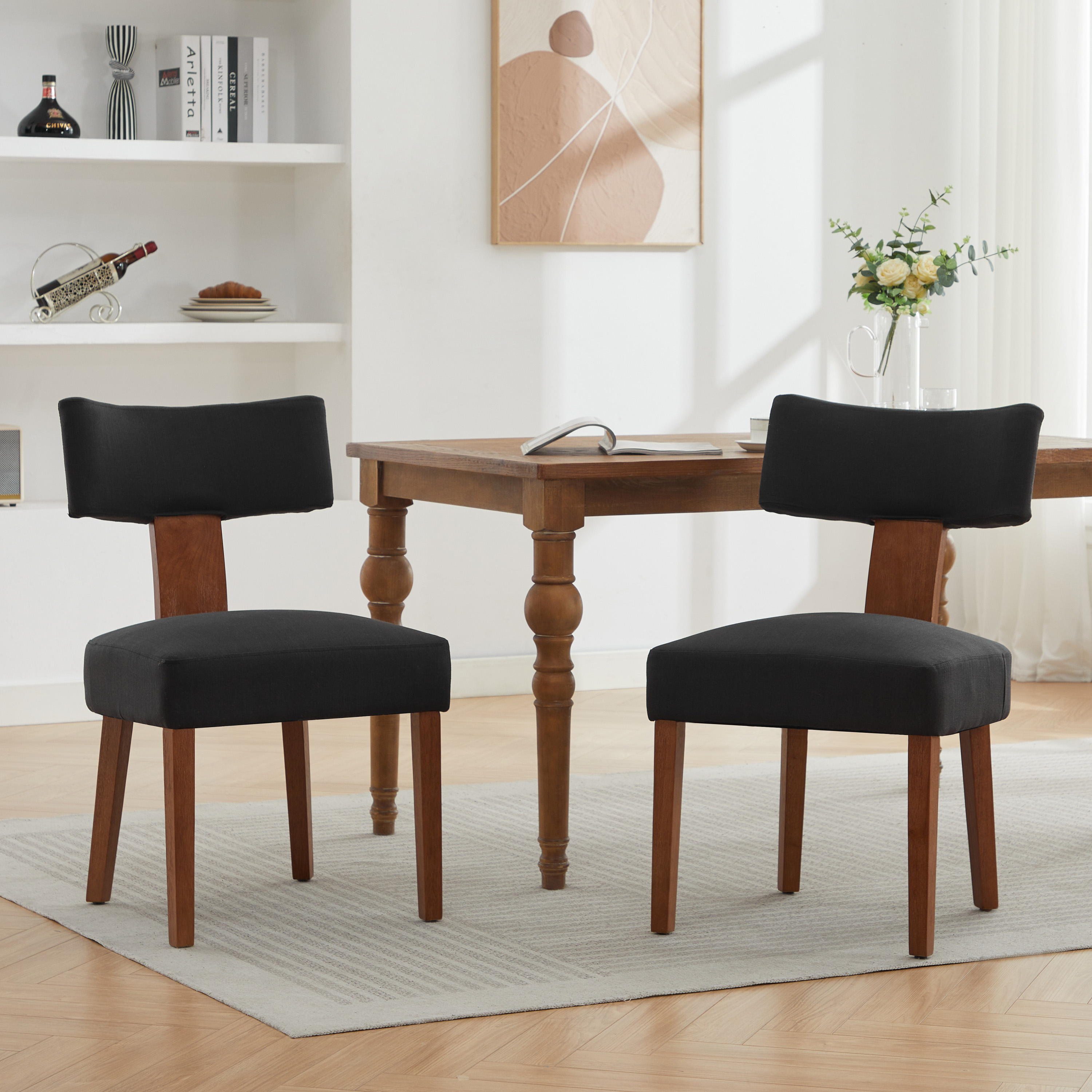 064-Chaises salle à manger 2 pcs lin noir dossier courbe