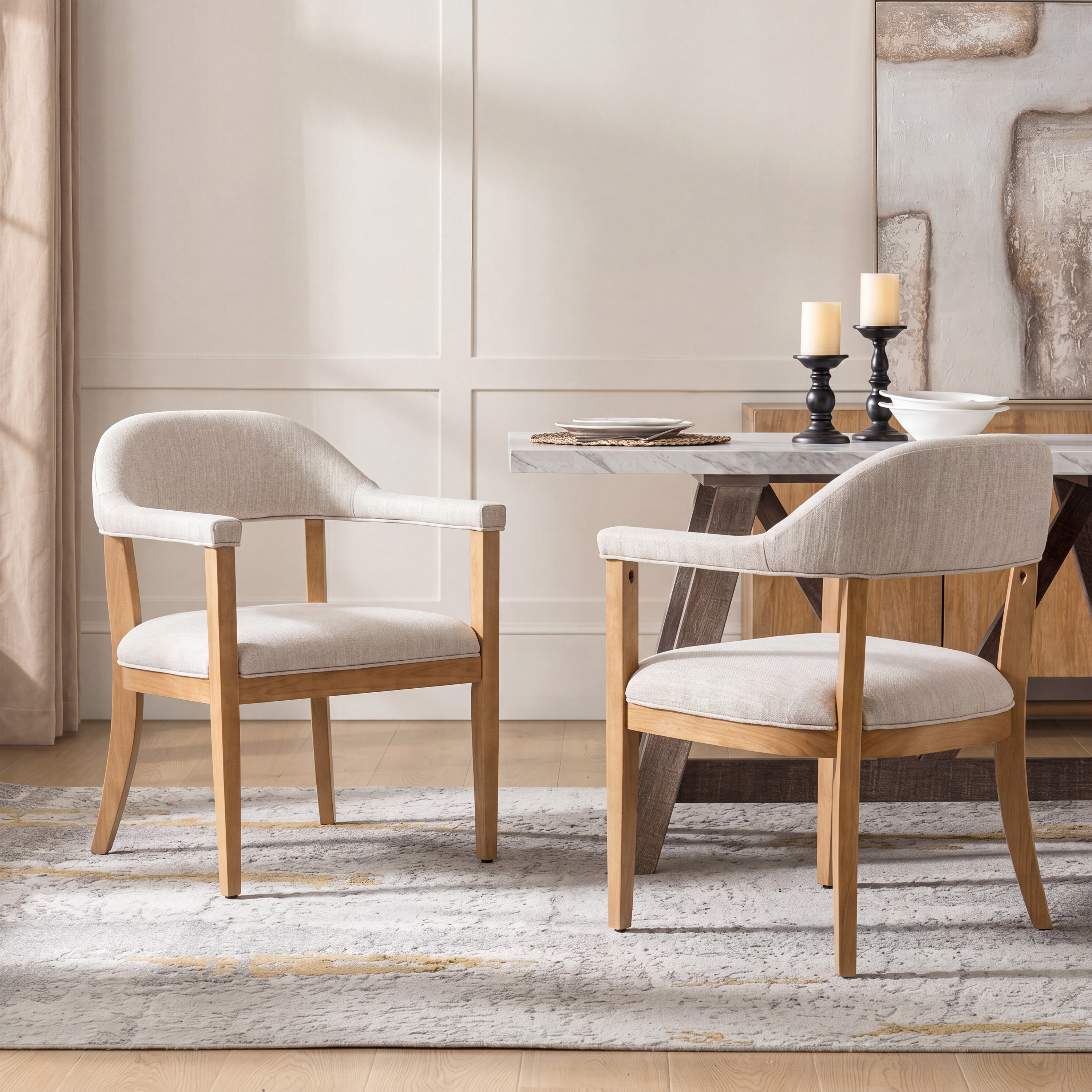 2 chaises din. bois naturel + beige, avec accoudoirs
