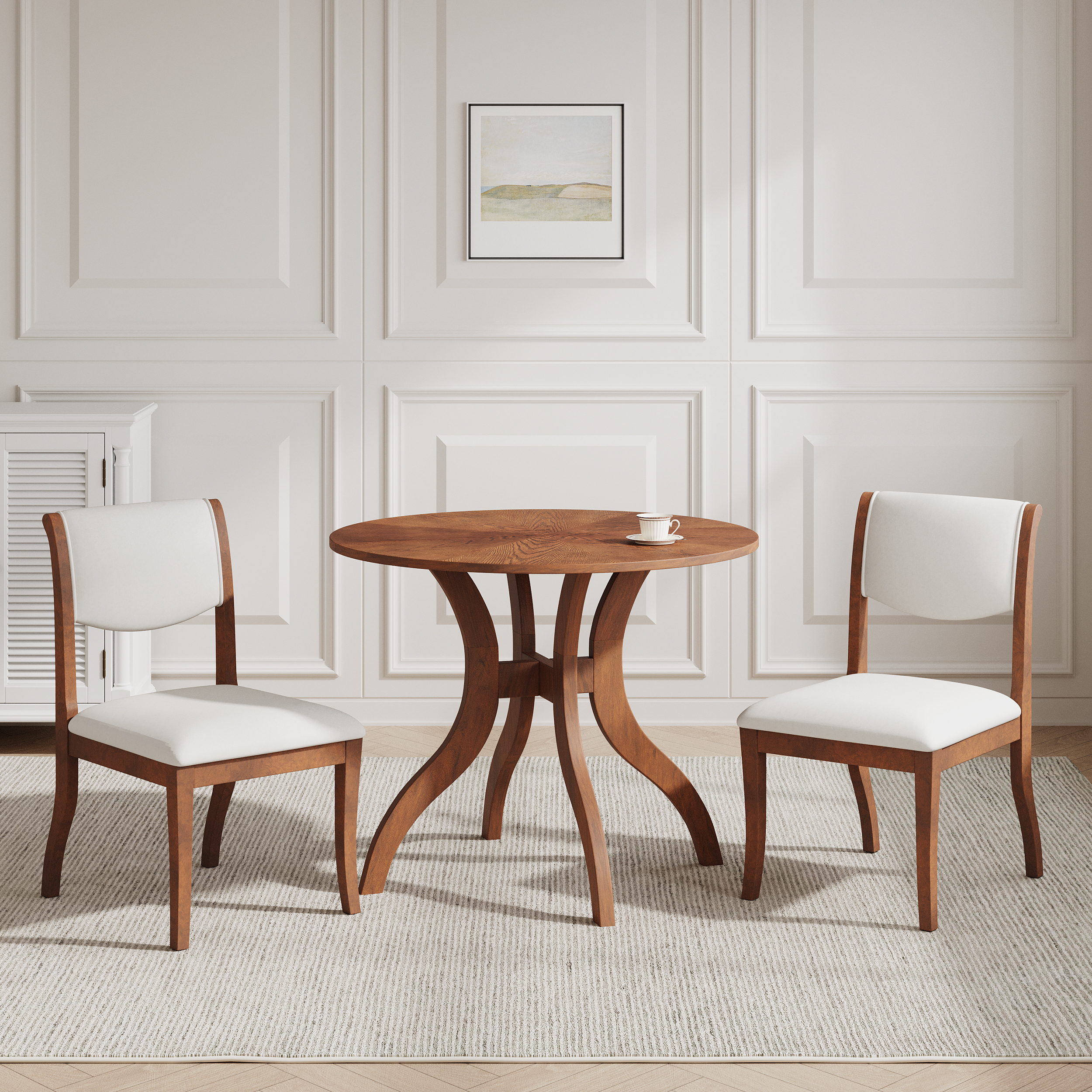 Ensemble table ronde noyer 39.4po + 2 chaises, bois massif traditionnel