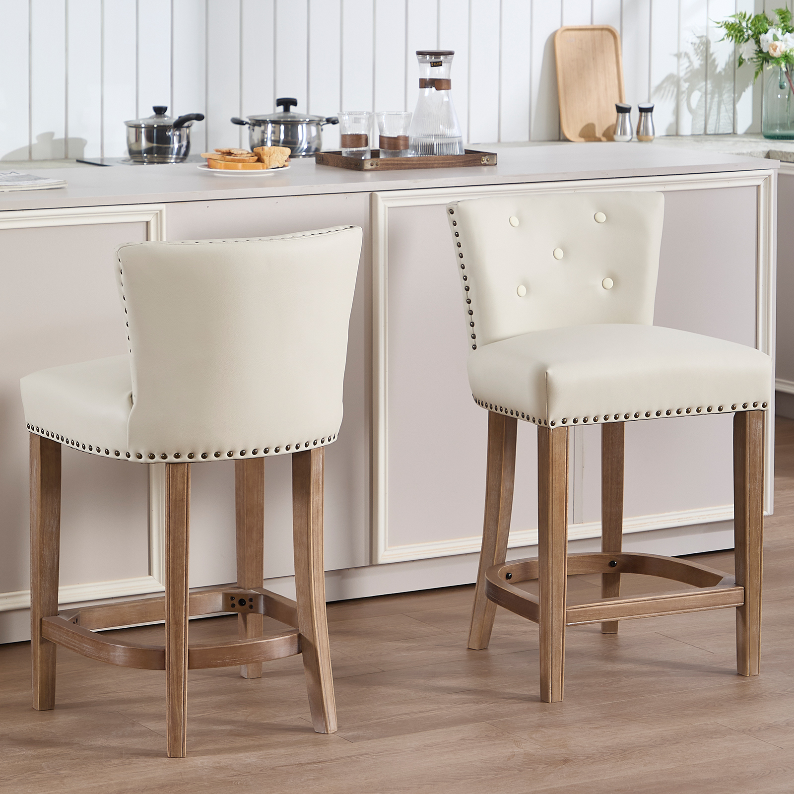 Tabourets bar cuir vache, dossier, beige 2 pièces