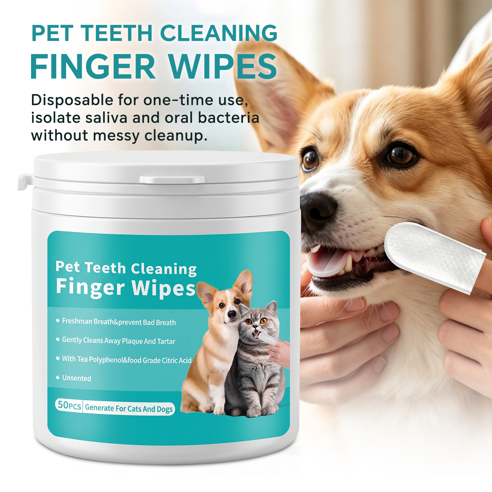 Lingettes nettoyage dents animal 50 pièces
