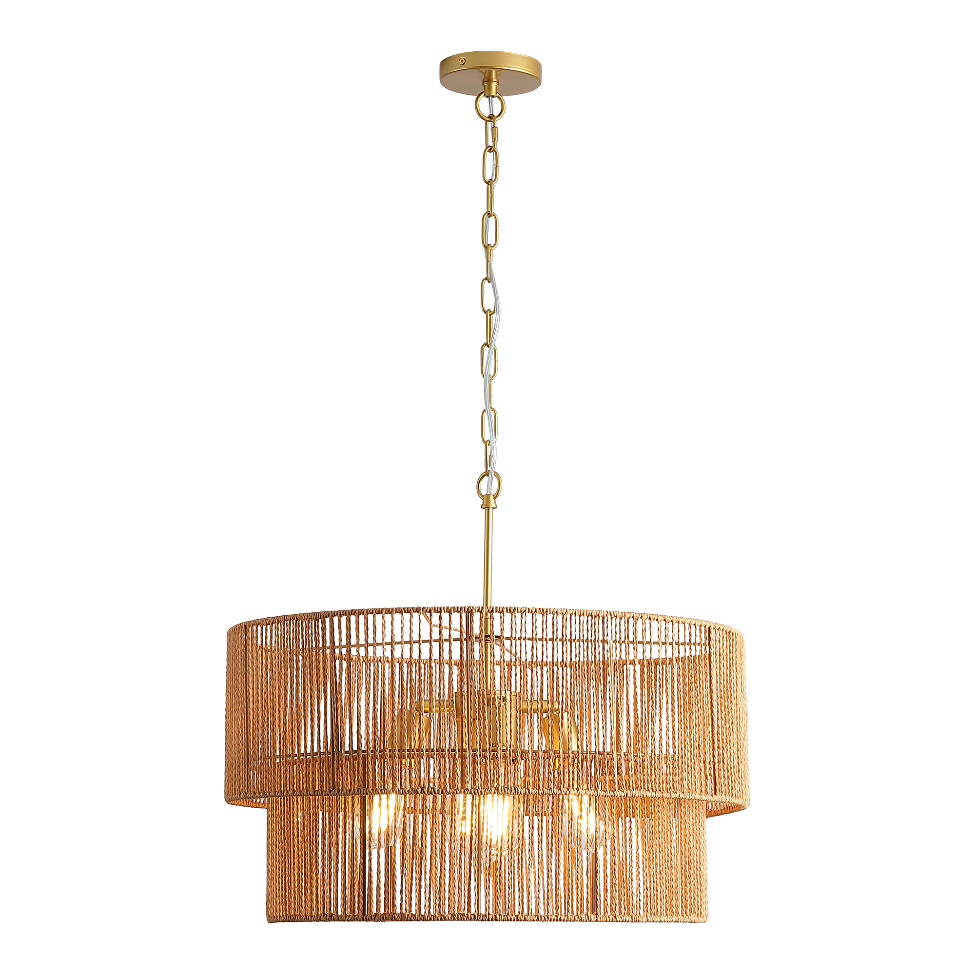 Lustre suspendu rattan tressé 23.62po, 2 étages, or