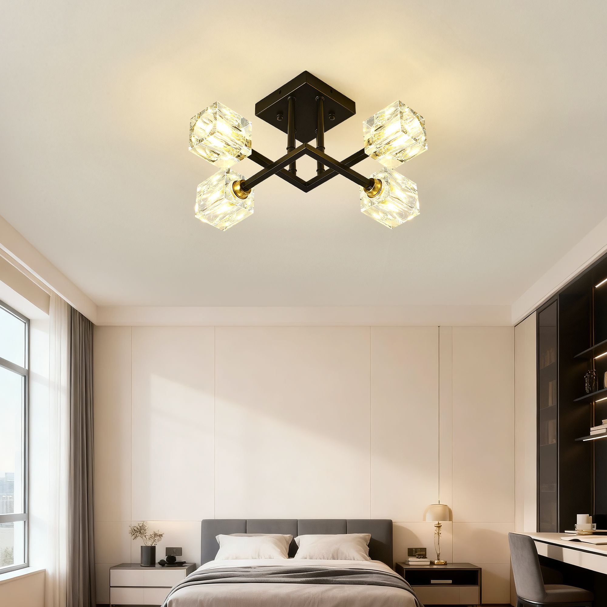 Plafonnier cristal luxe moderne, 4 ampoules - Noir mat