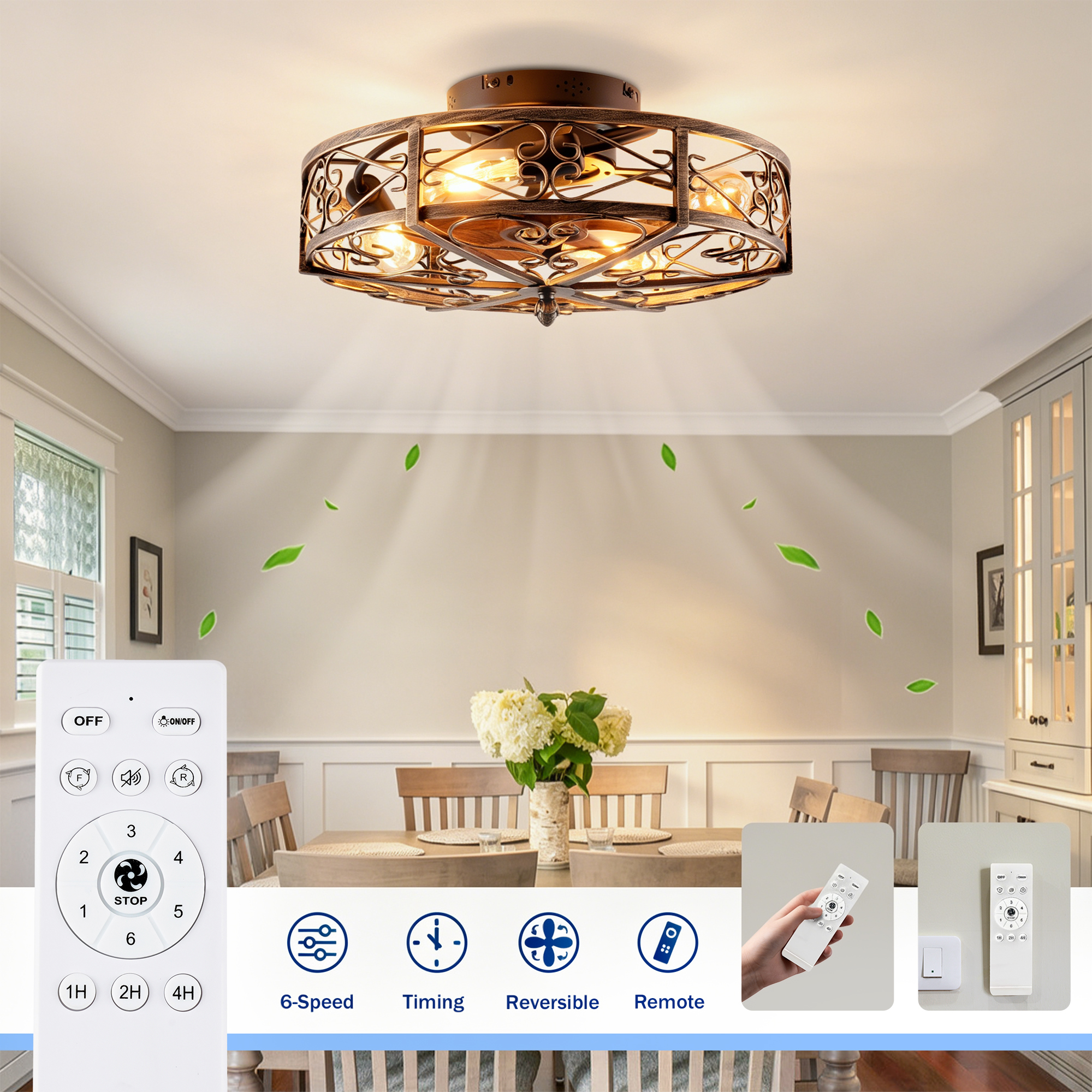 Ventilateur plafond 20", cagé, éclairage, télécommande, bronze