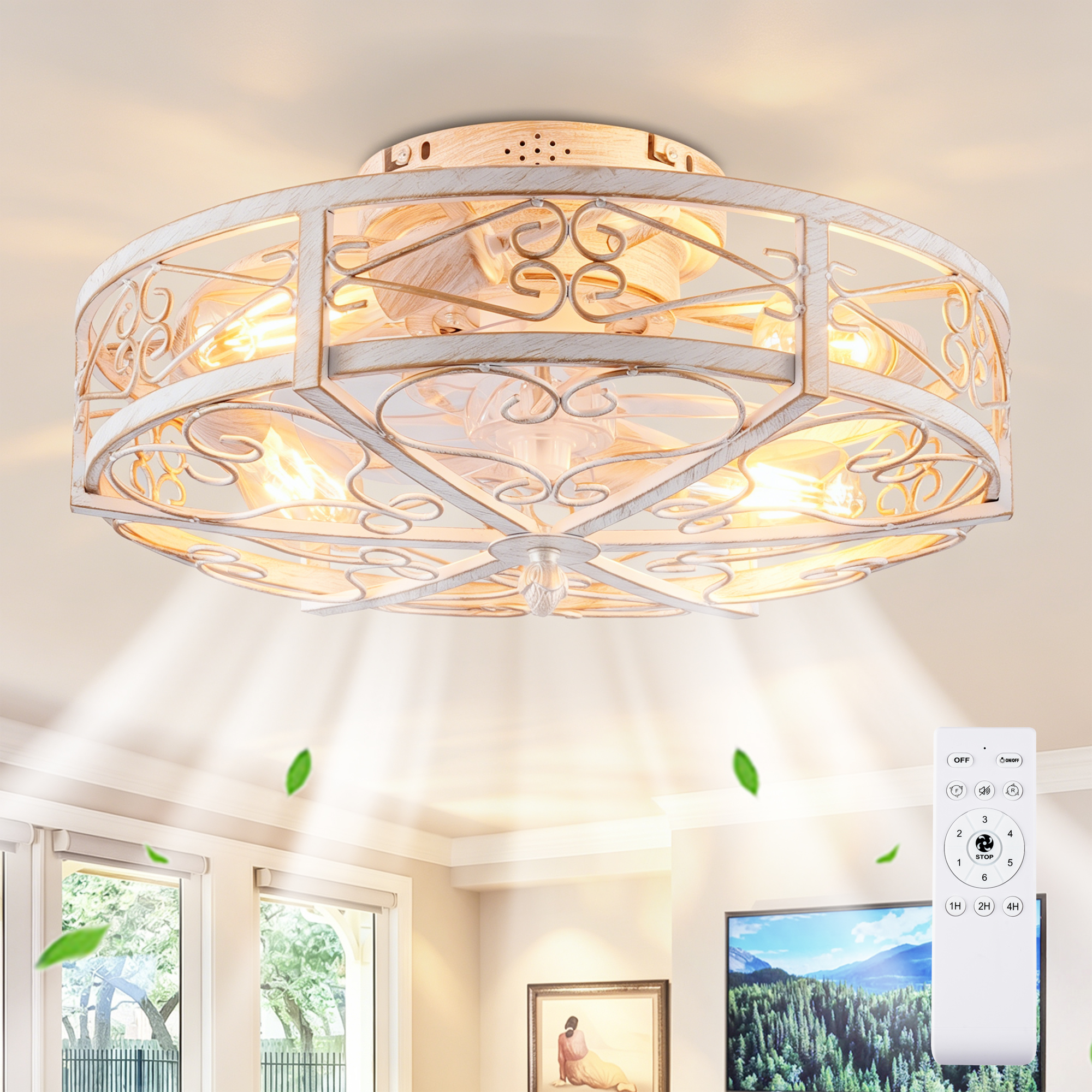 Ventilateur plafond 20", cagé, éclairage, télécommande, bronze