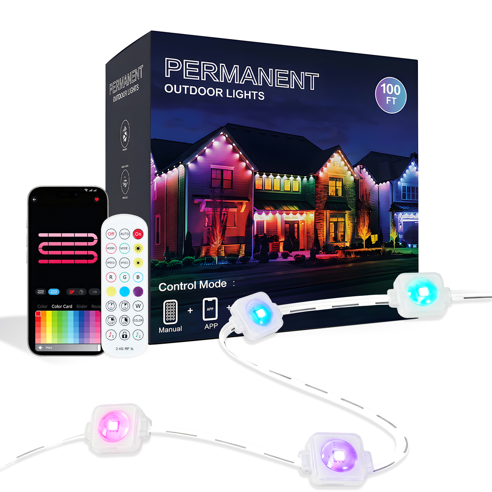 Guirlandes RGB 100pi télécommande app 16M couleurs IP67