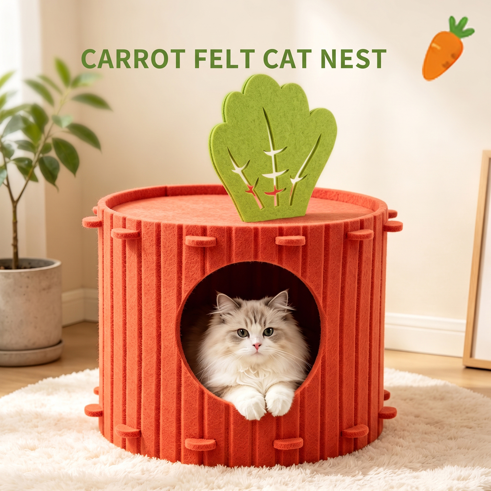 Lit caverne chat feutre carotte, refuge cosy