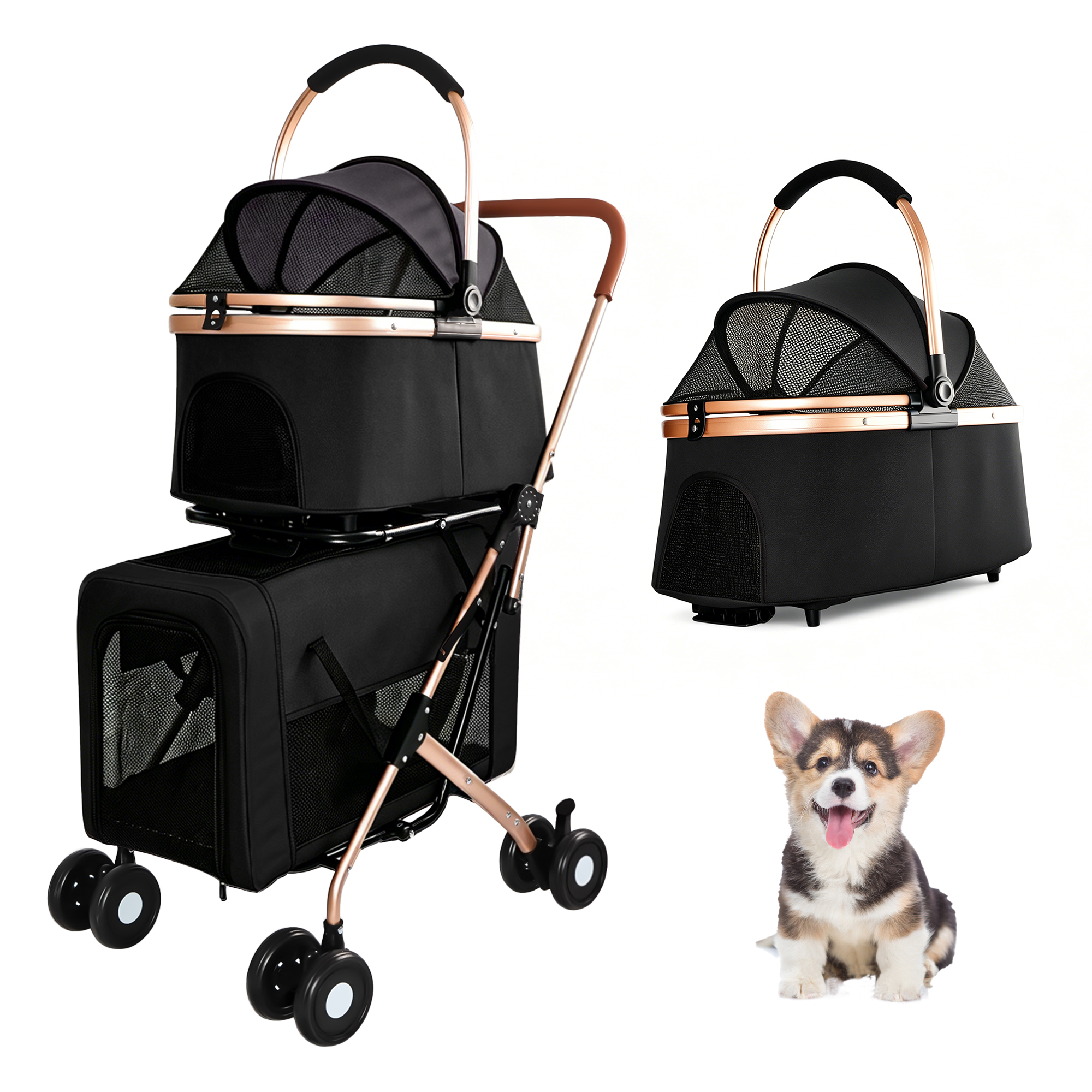 Poussette double chien/chat 3-en-1, pliable, roues antichoc, noir