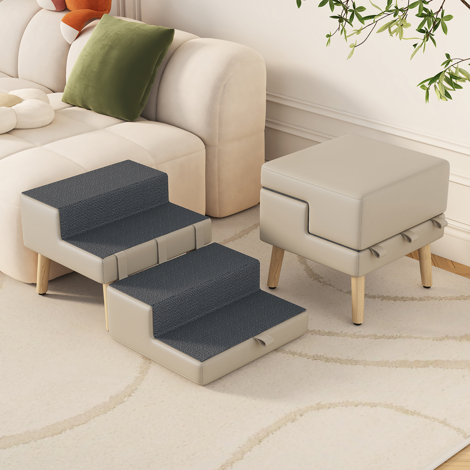 Escaliers chien 4 marches ottoman rampe lit gris