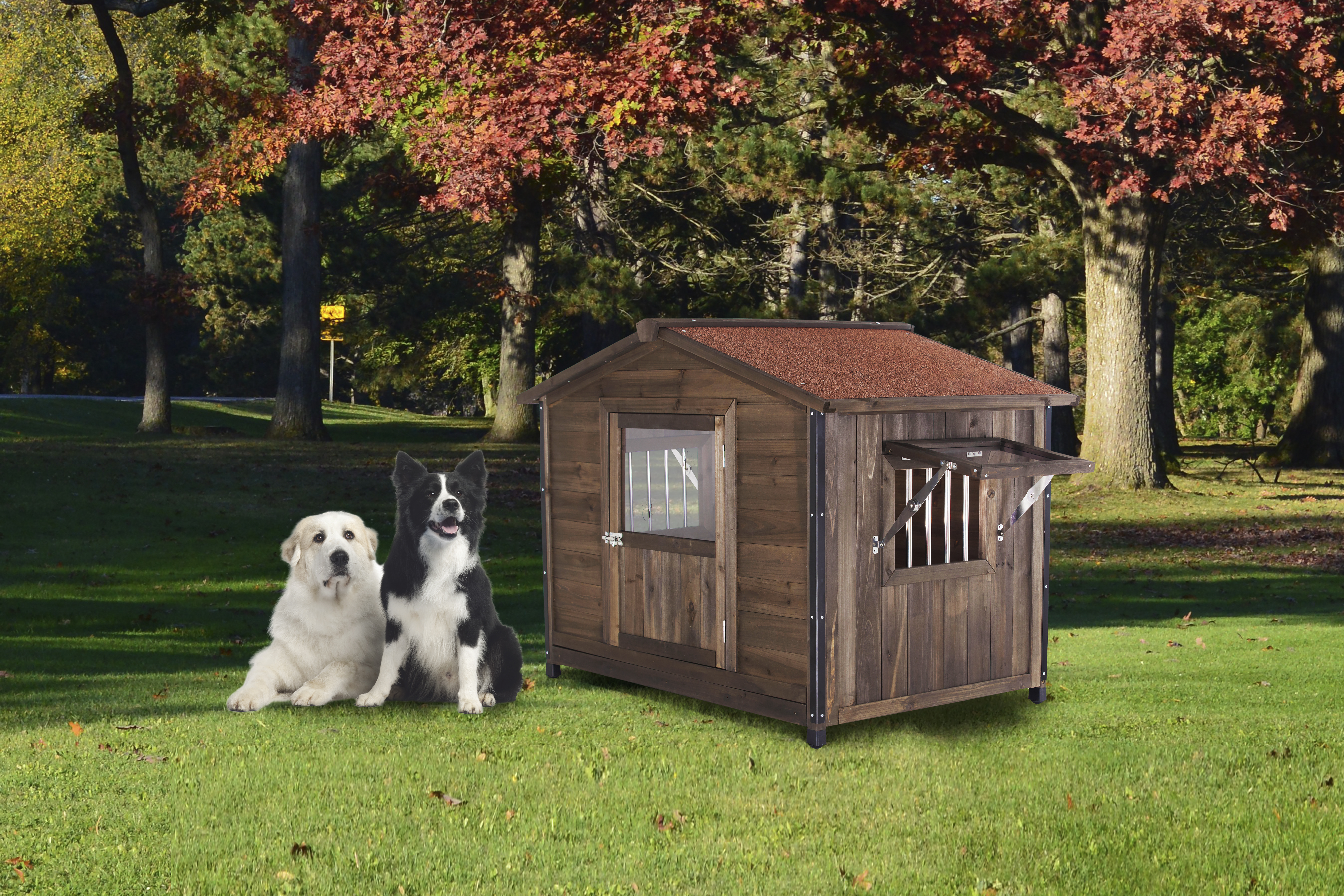 Niche chien bois style cabine, cadre fer, extérieur