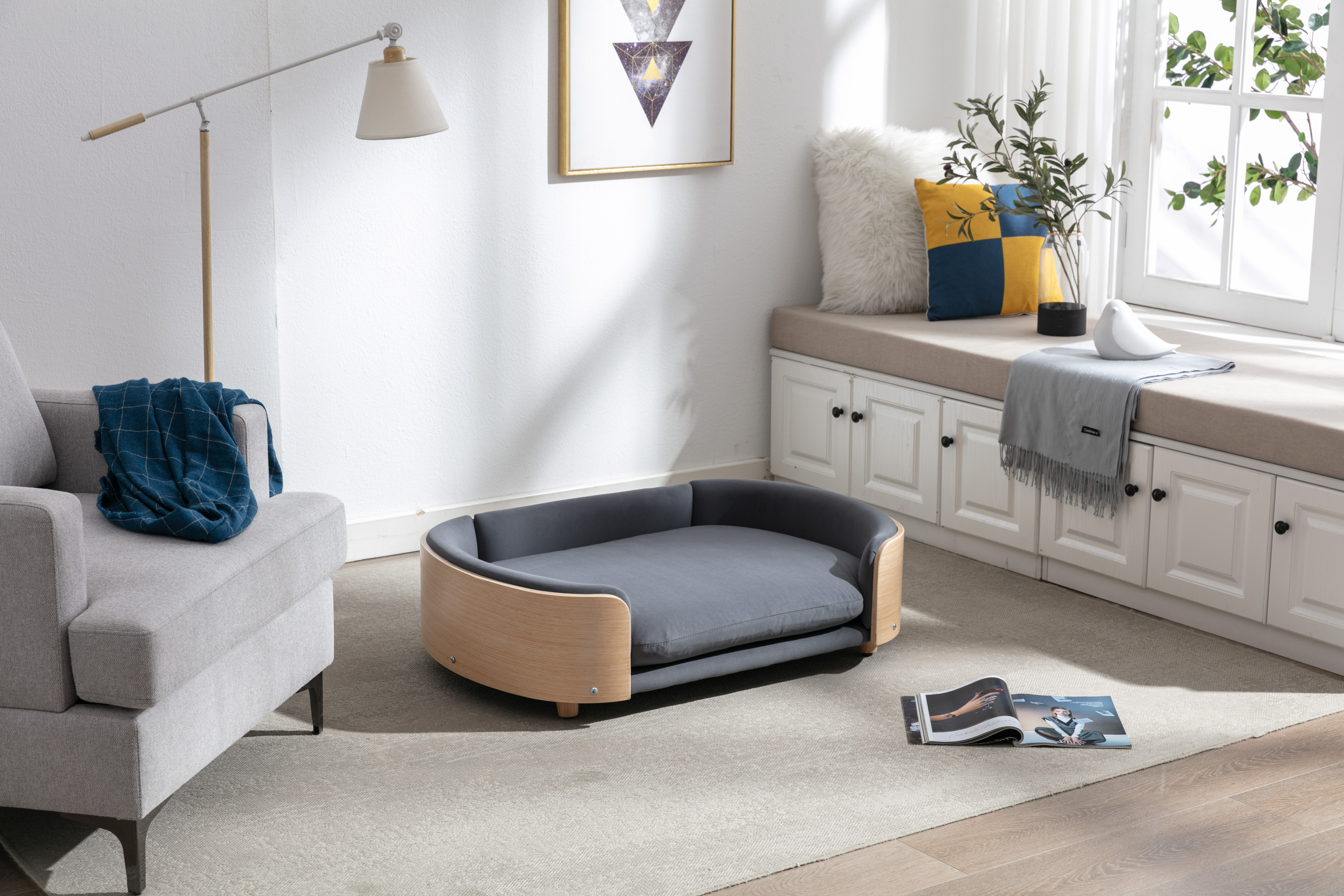 Lit surélevé pour chien style scandinave, grand format, velours