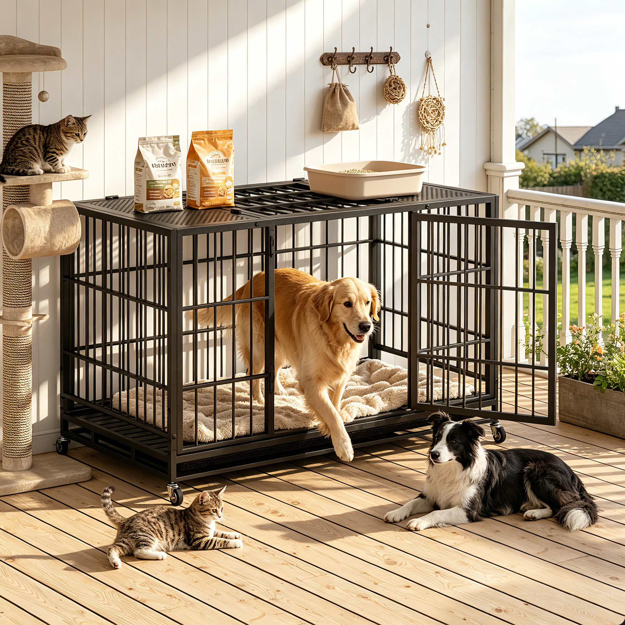 Cage chien robuste roulettes verrouillables, intérieur/extérieur