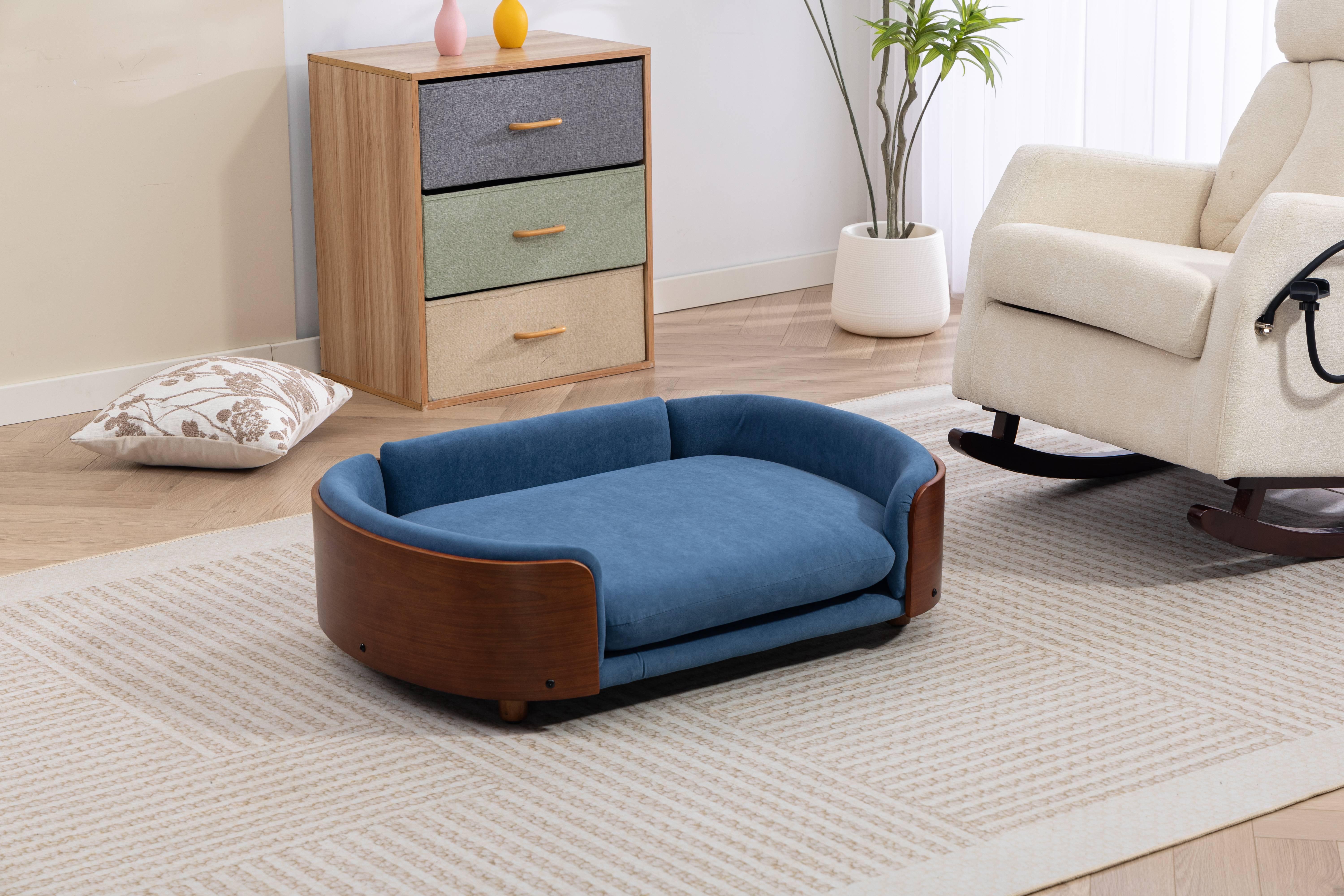 Lit chien design scandinave bois, coussin velours, grand