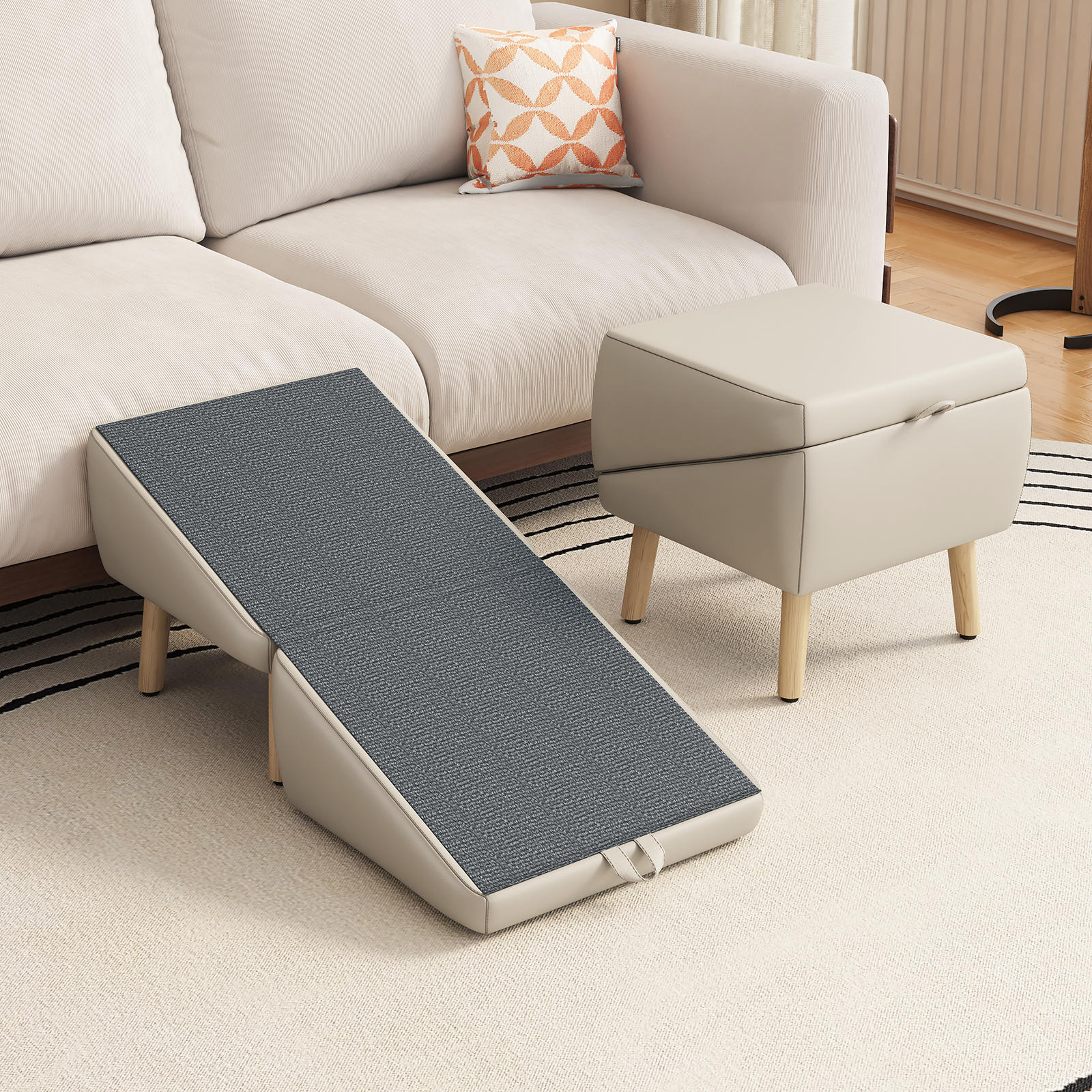 Escalier chien 2-en-1 gris clair, design ottoman