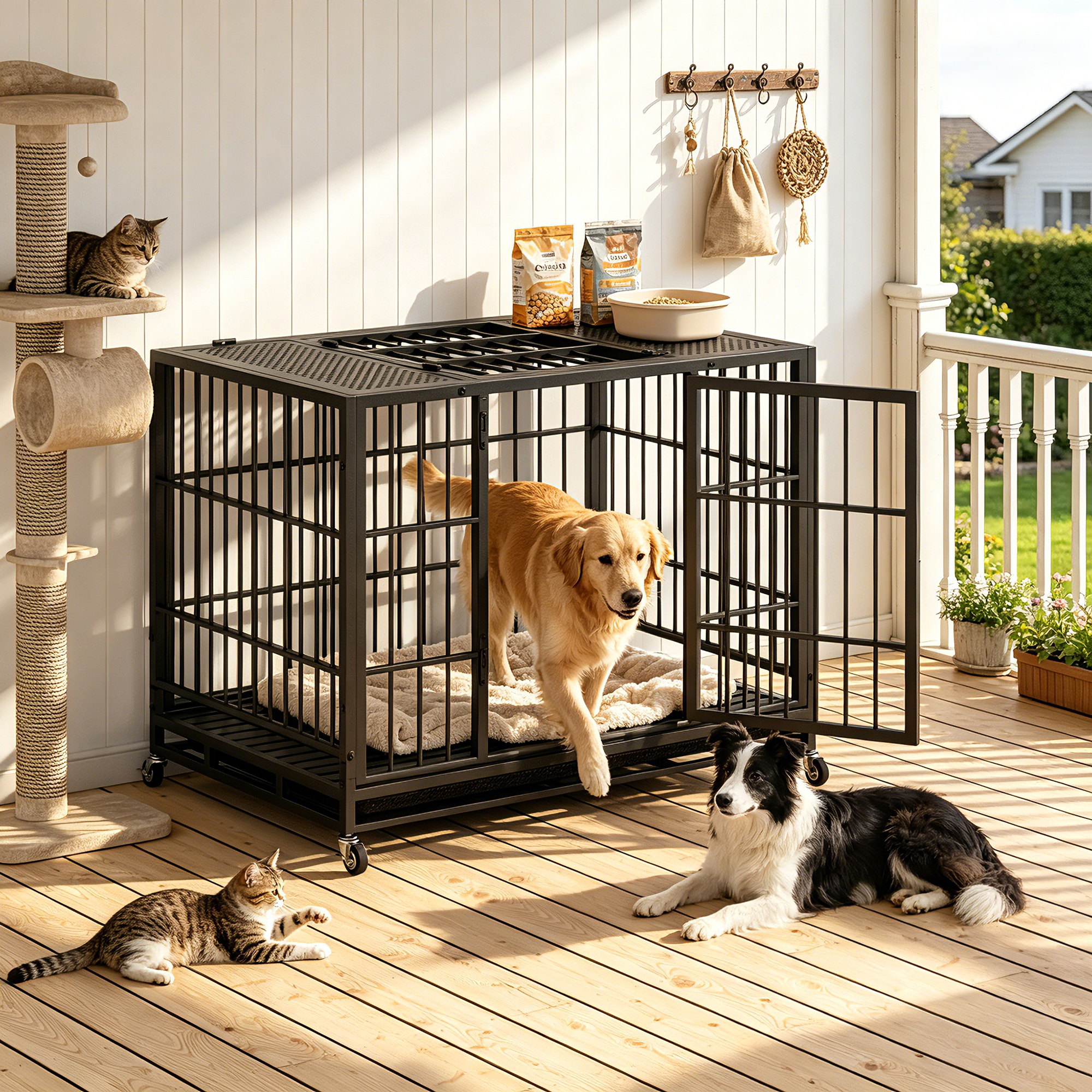 Cage pour chiens en métal avec roues verrouillables