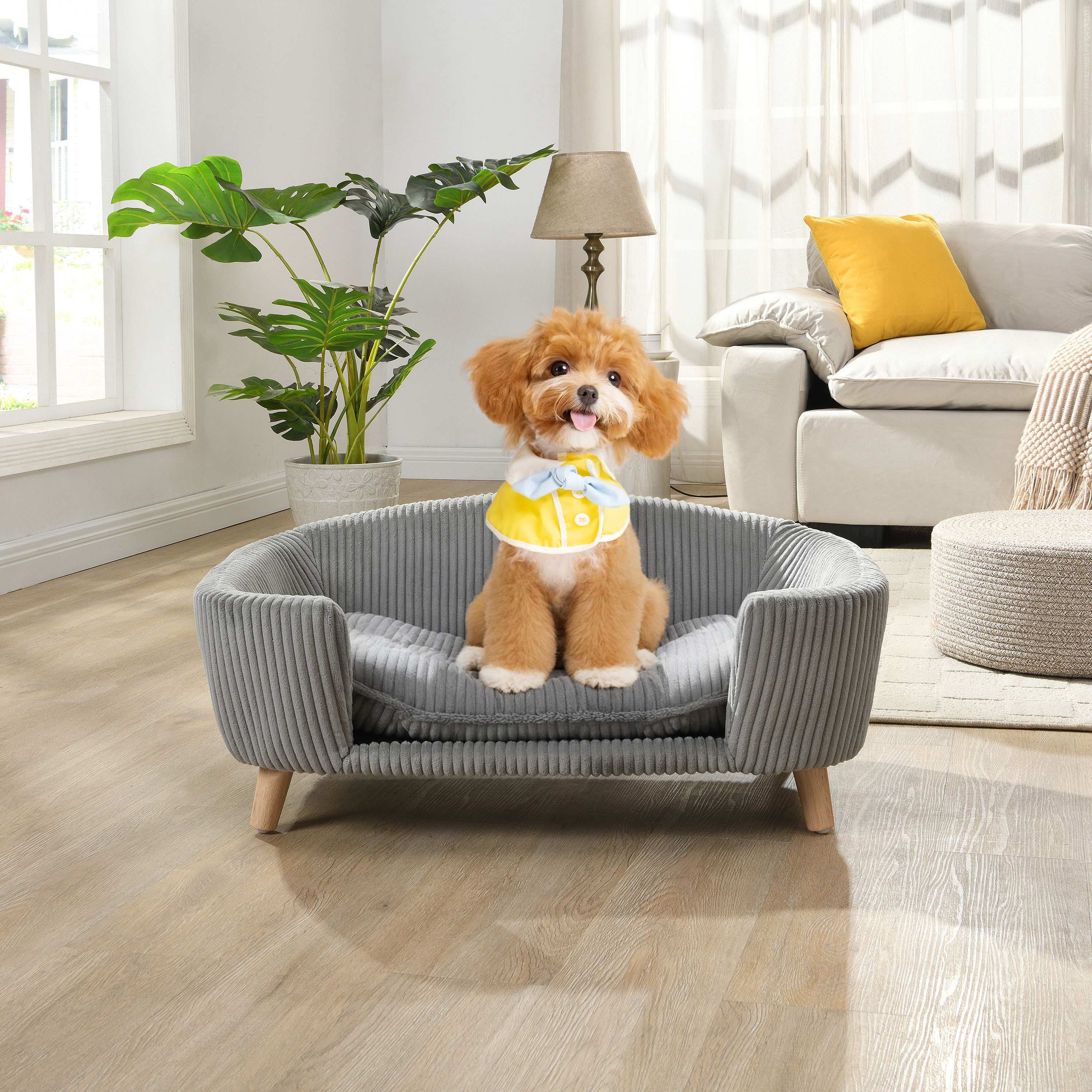 Lit chien surélevé petit, tissu corduroy, gris