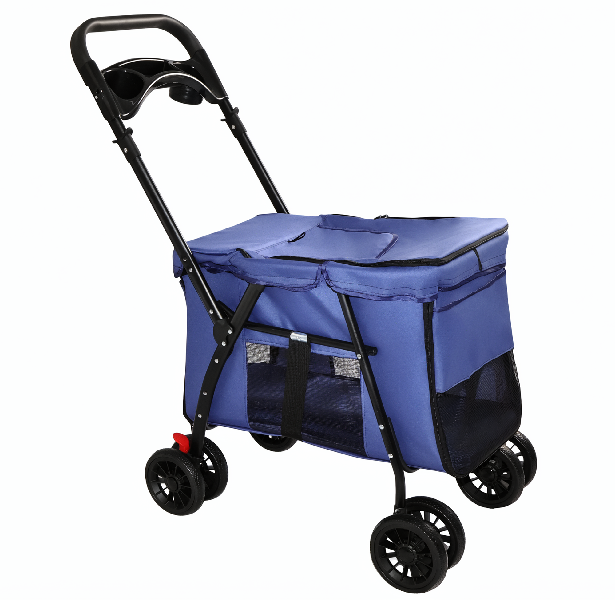 Poussette animaux 4 roues pliable, mailles, suspension, frein, bleu marine