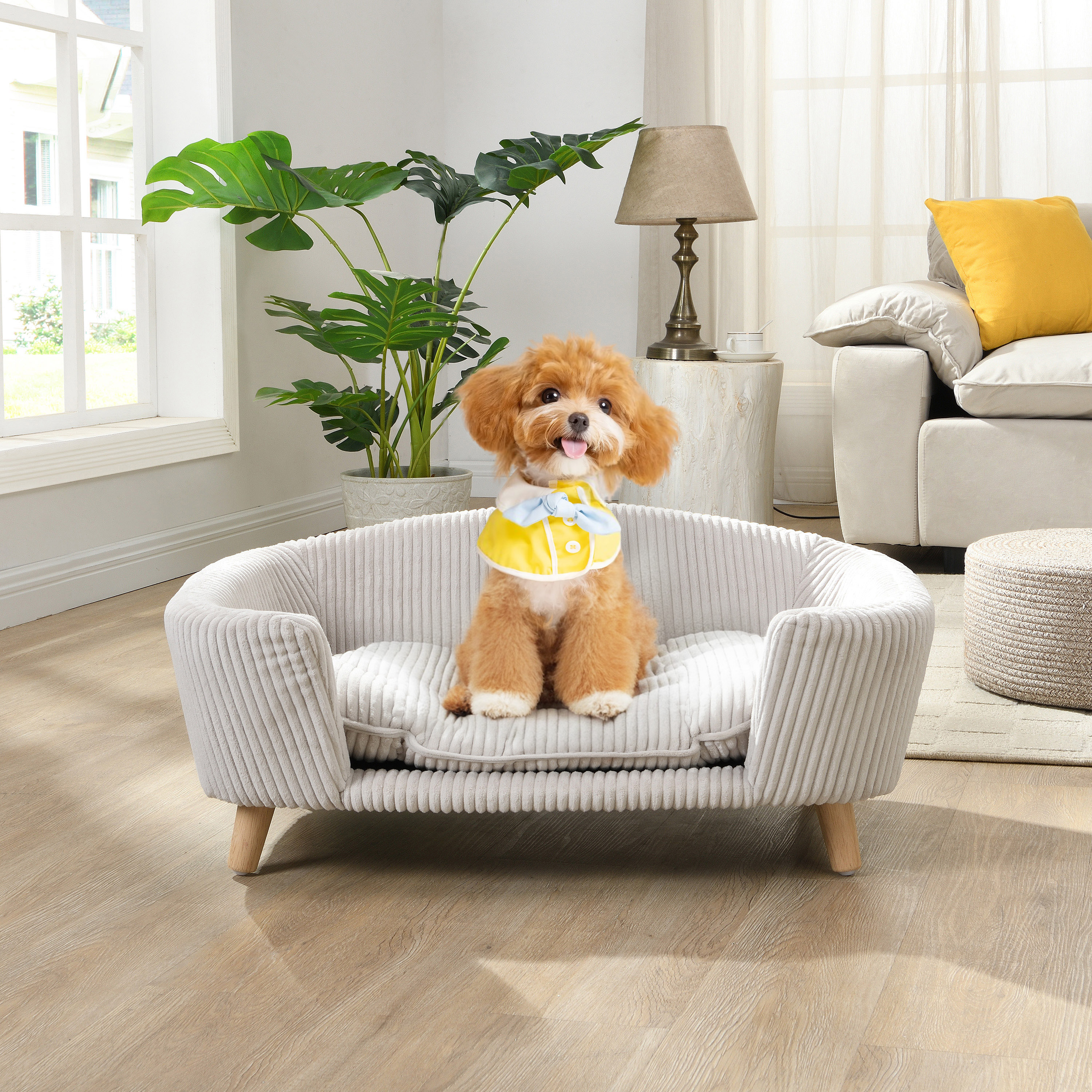 Lit chien surélevé petit, tissu corduroy, beige