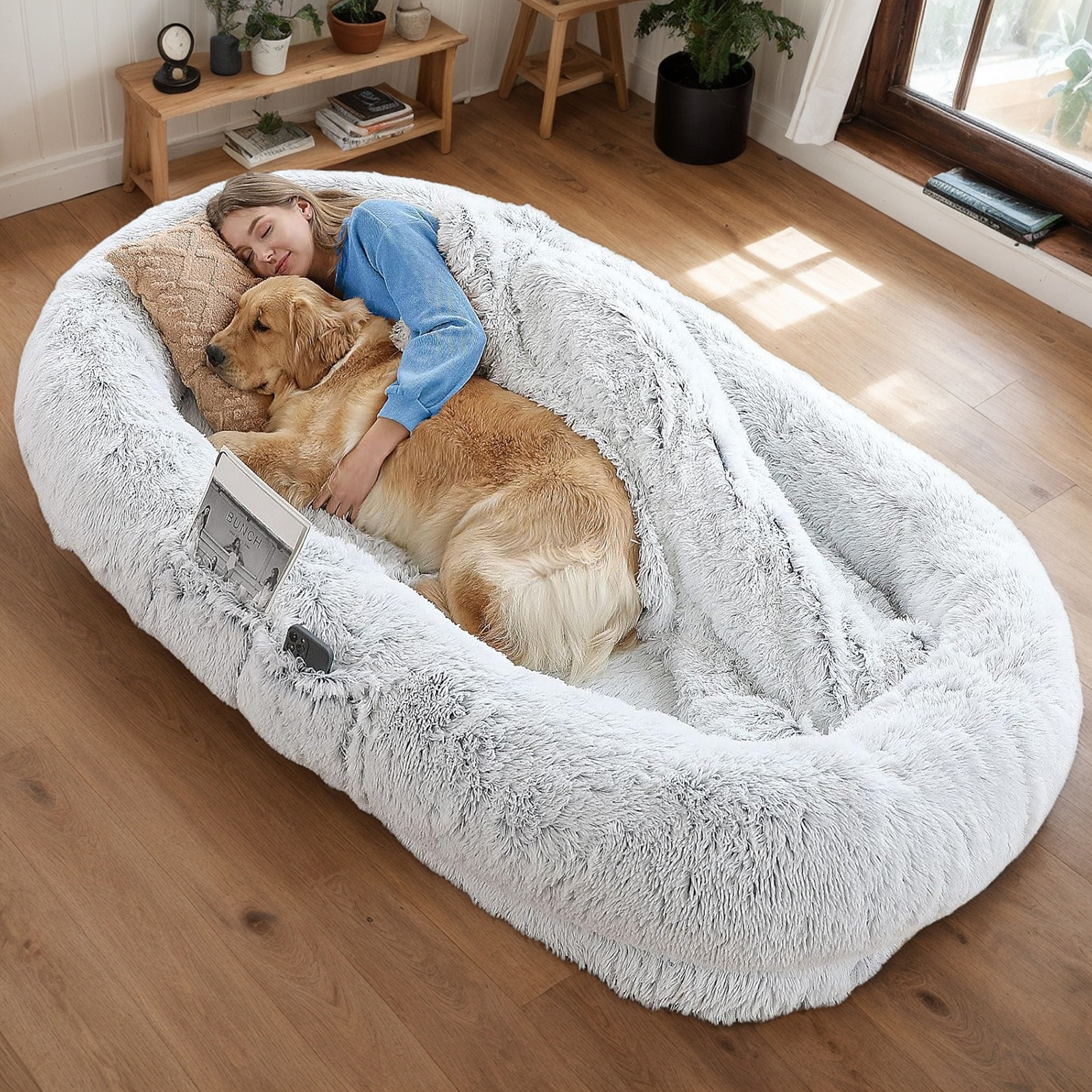 Lit chien faux fourrure 71"x45"x14", humain, gris