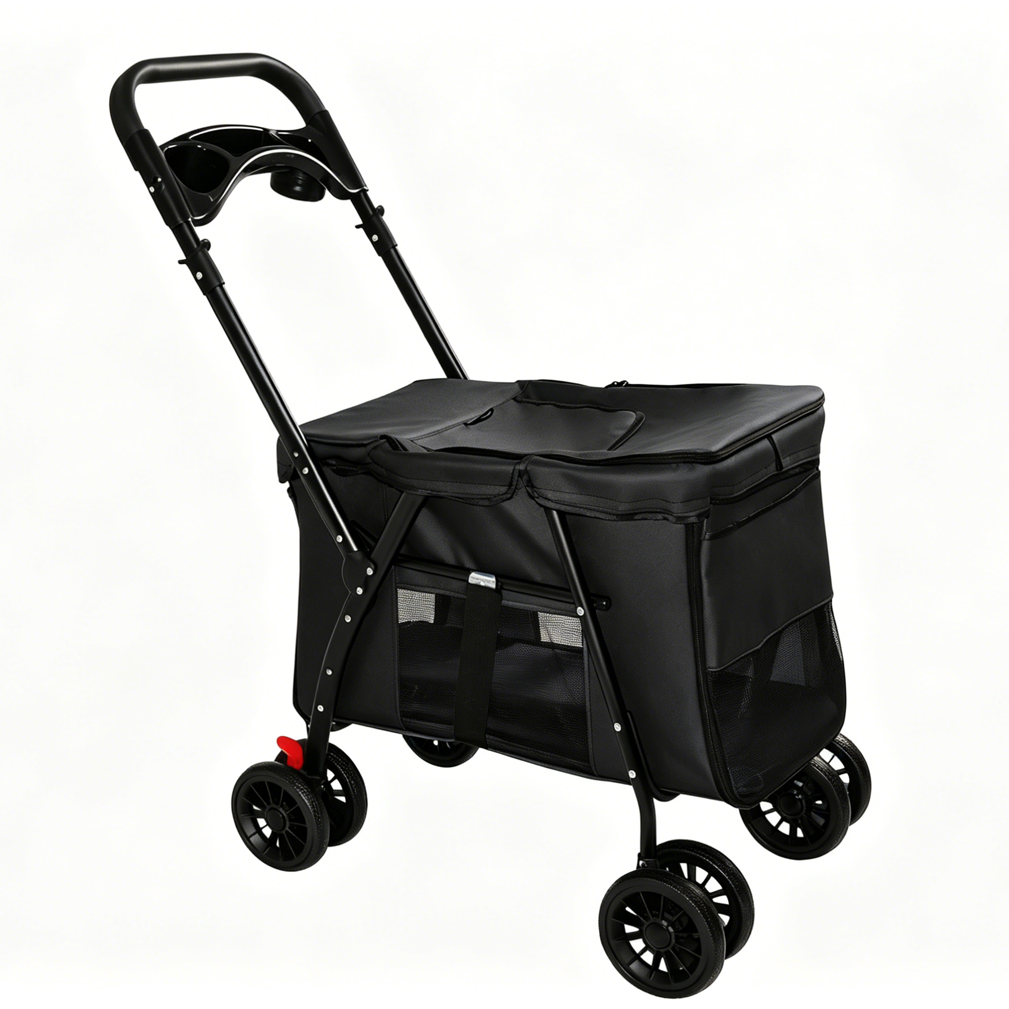 Poussette animaux 4 roues pliable, mailles, suspension, frein, bleu marin