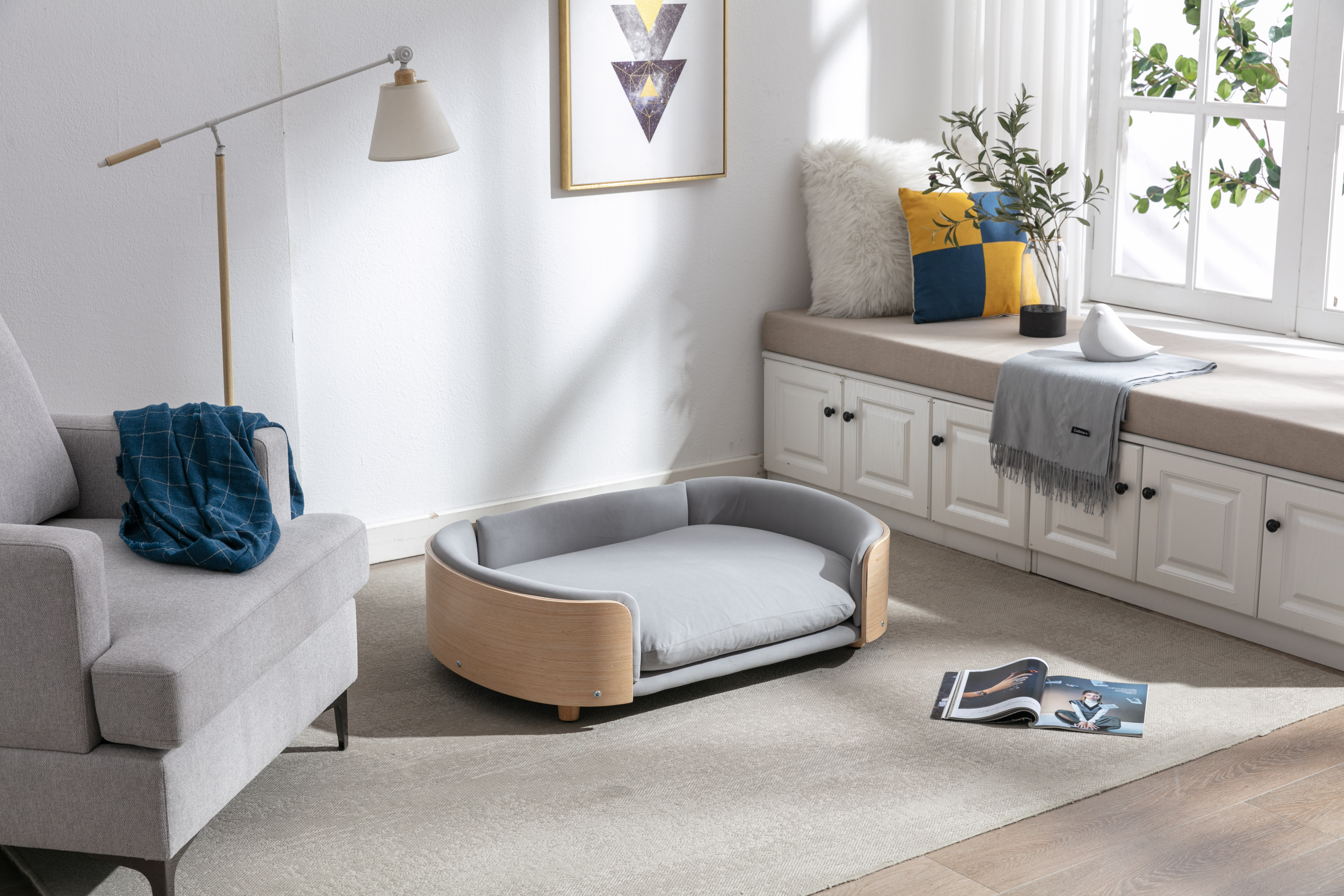 Lit surélevé chien style scandinave, grand format, velours