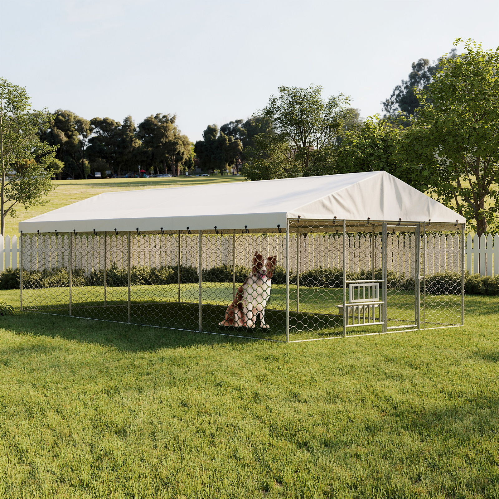 Chenil extérieur 20x10 FT acier galvanisé, bâche, bols