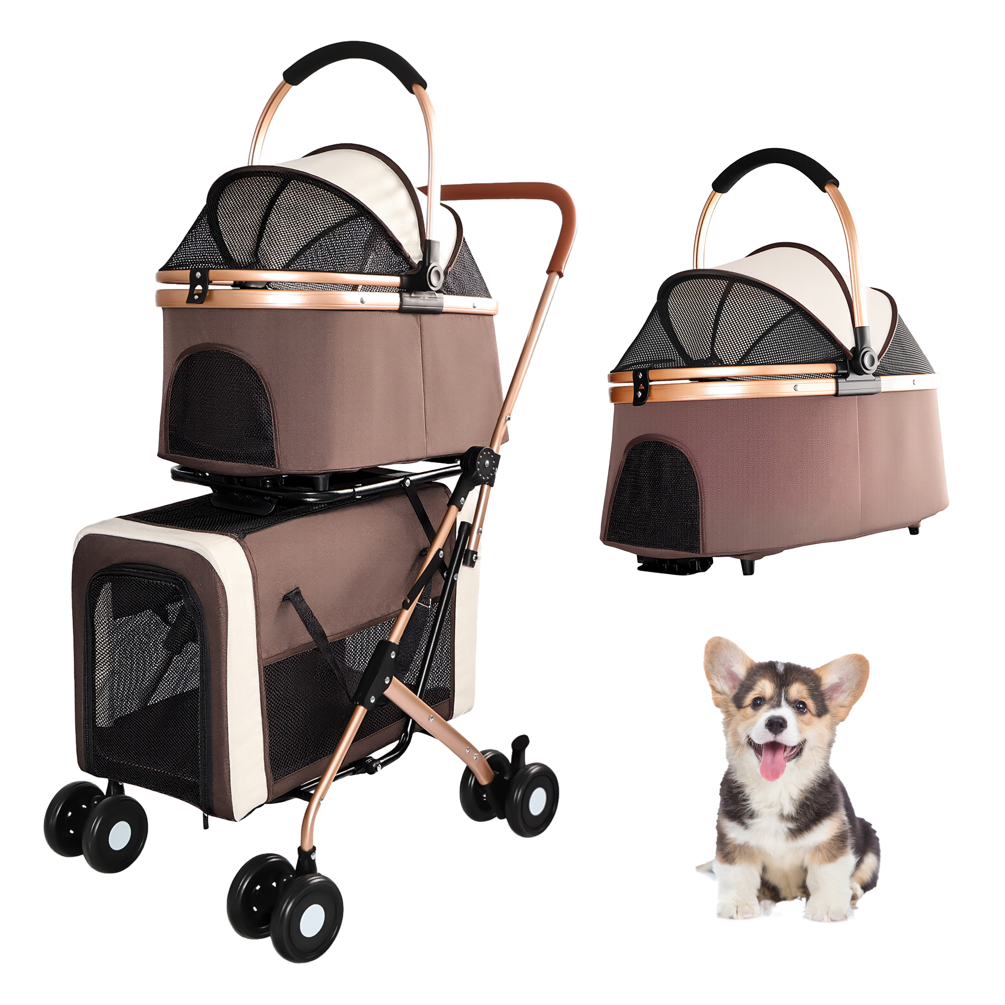 Poussette double chien/chat 3-en-1, pliable, roues antichoc, beige