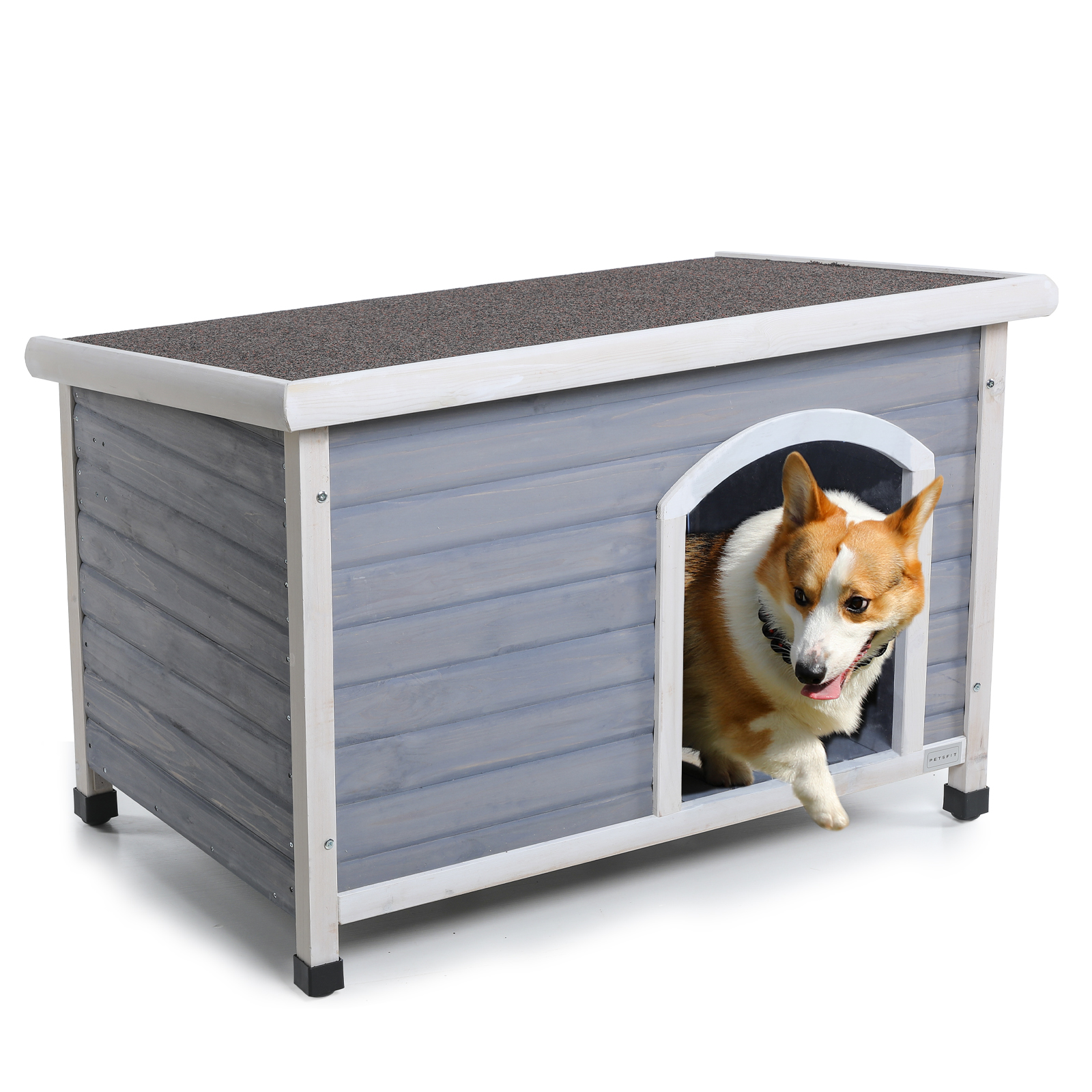 Niche chien bois moyen, toit imperméable, sol surélevé, gris