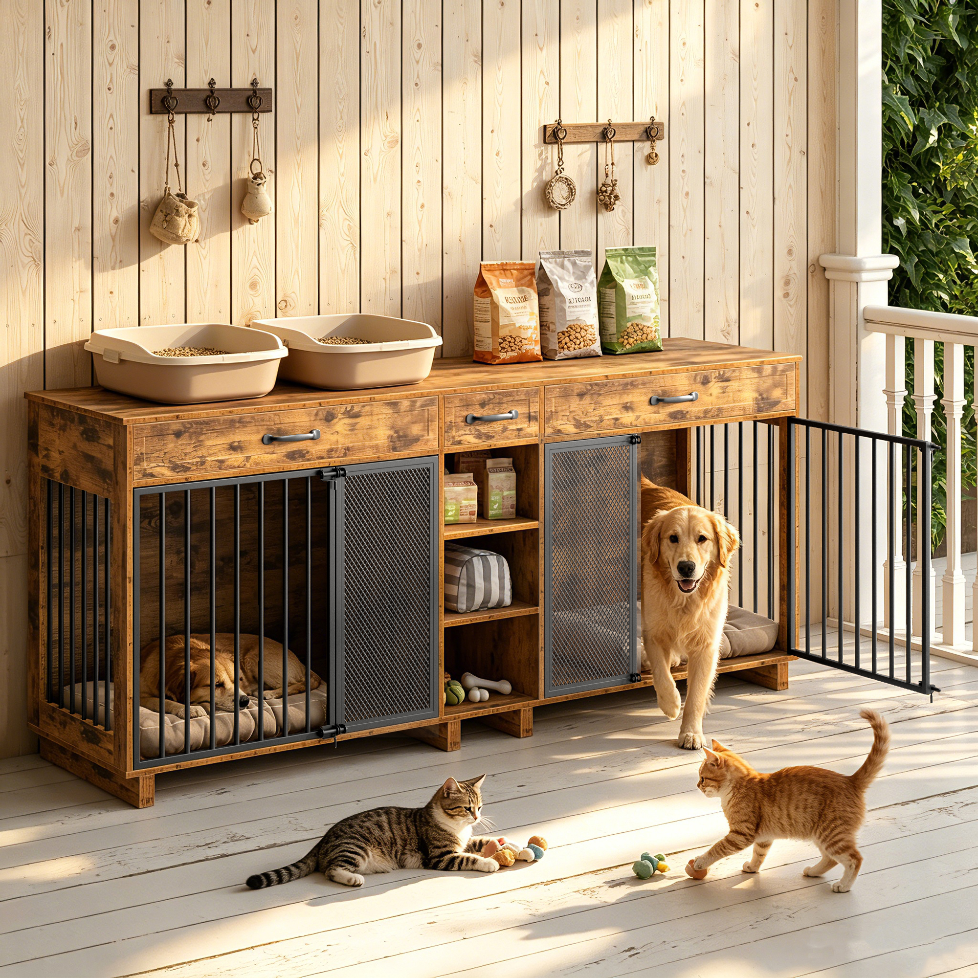 Grande cage bois chien meuble rangement multifonction