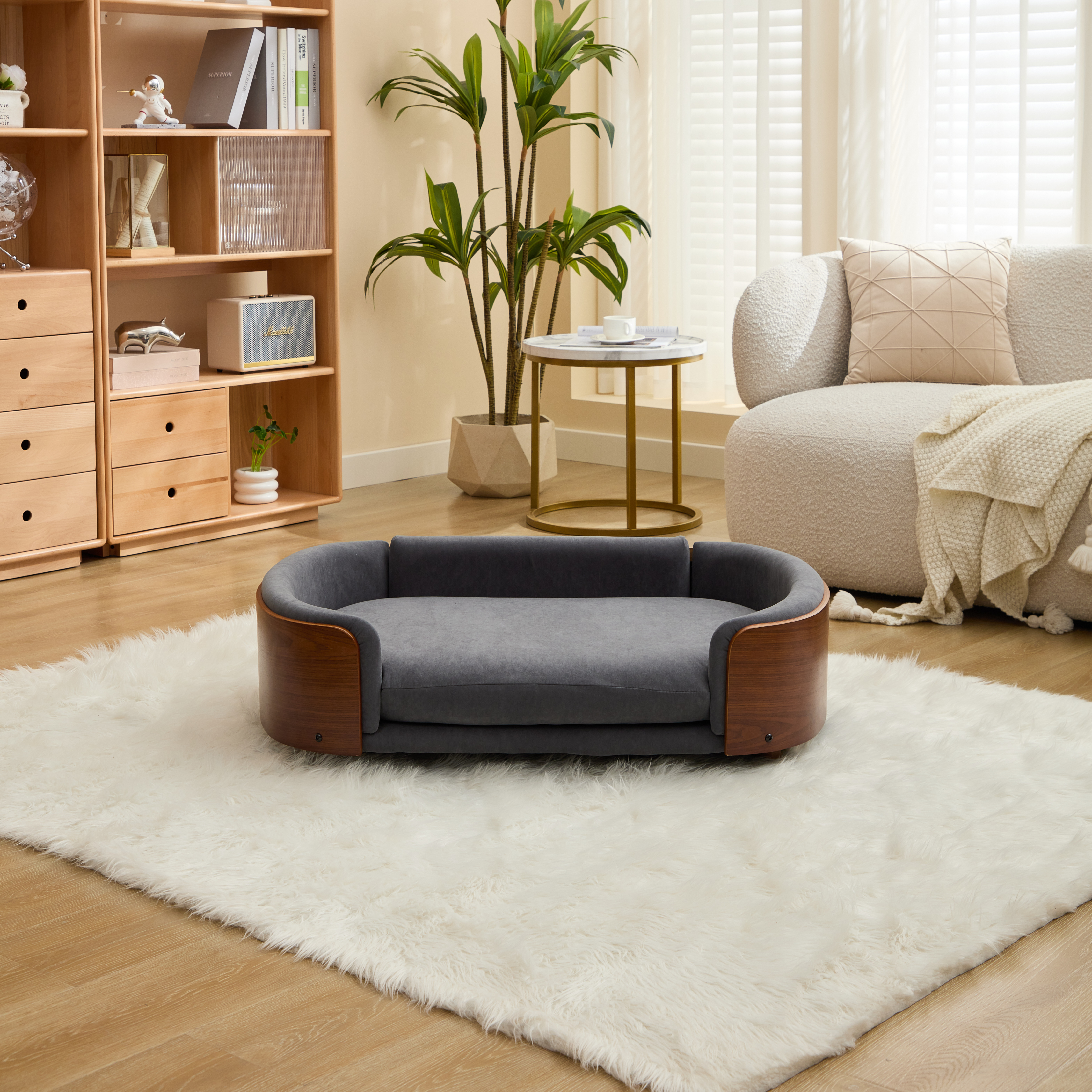 Lit surélevé chien noyer style scandinave, grand, velours