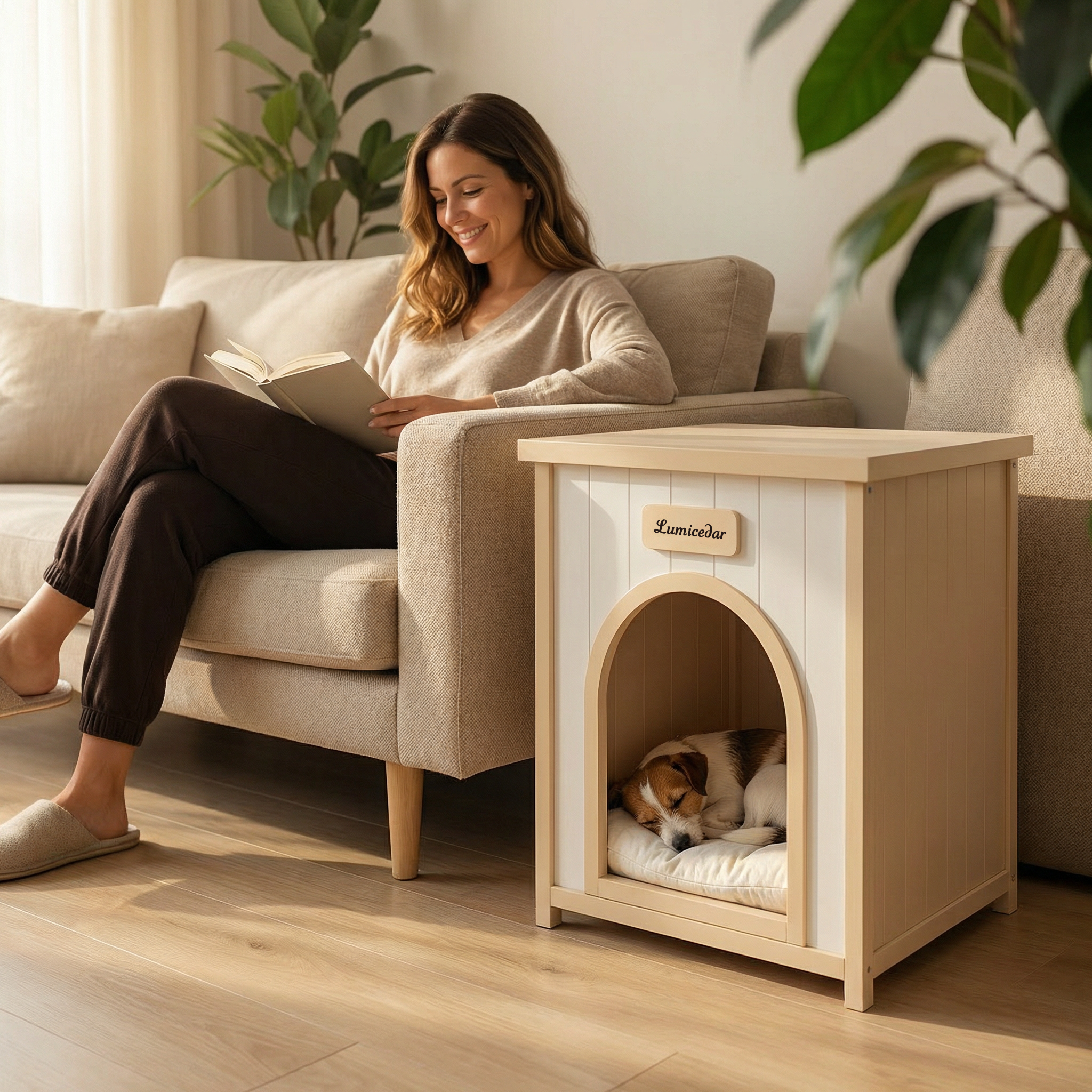 Niche chien bois intérieur cèdre coussin design scandinave