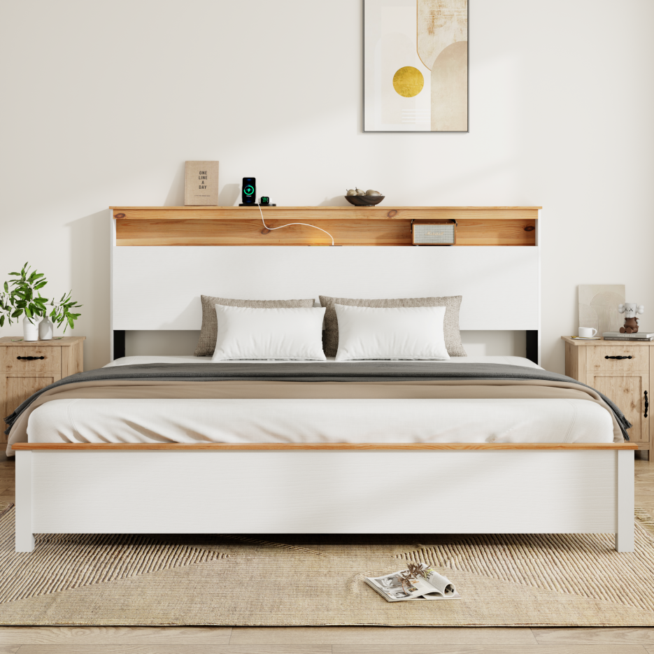 Lit king fermette bois, tête rangement+charging