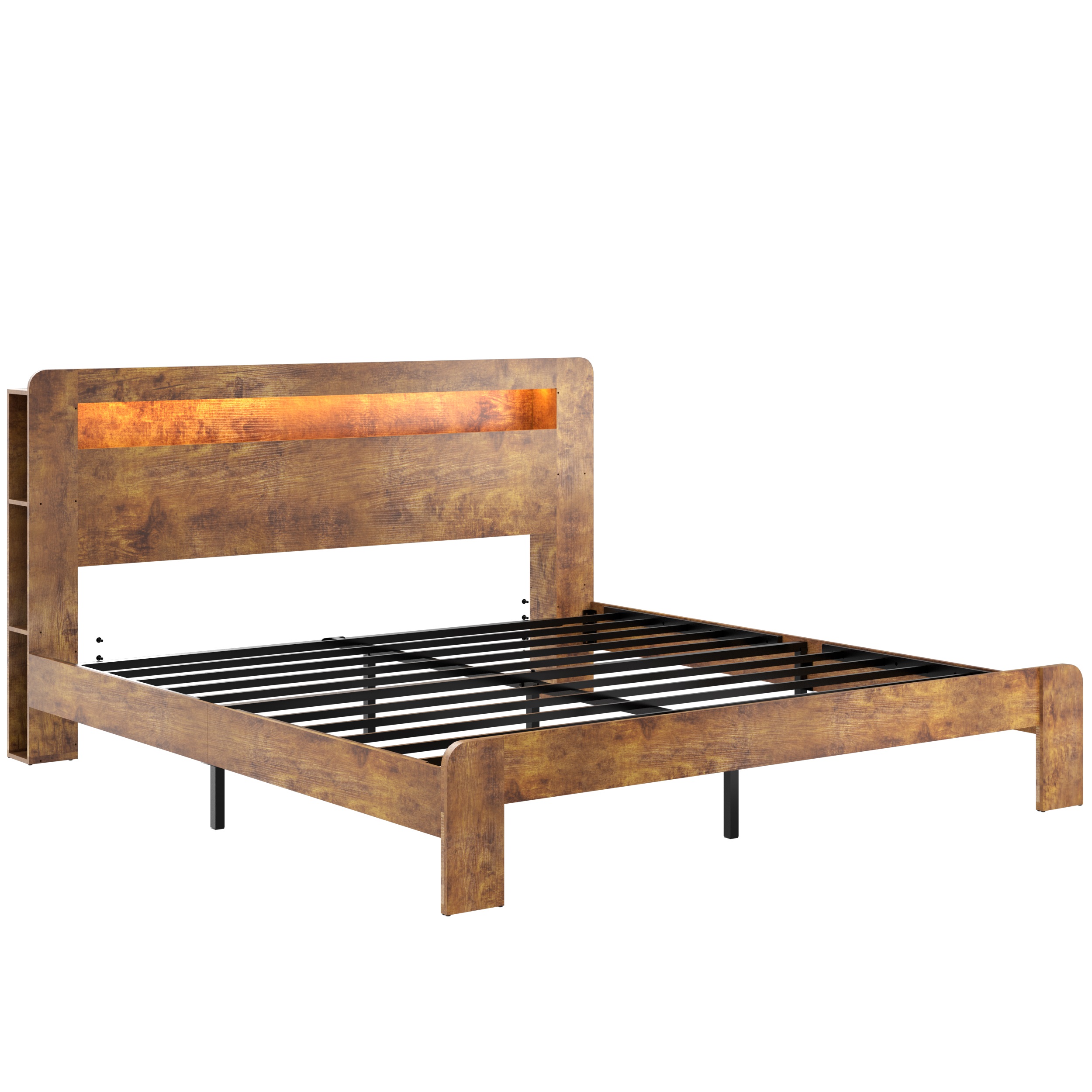 Lit roi cadre bois LED, 2 USB, rangement sous-lit, brun foncé