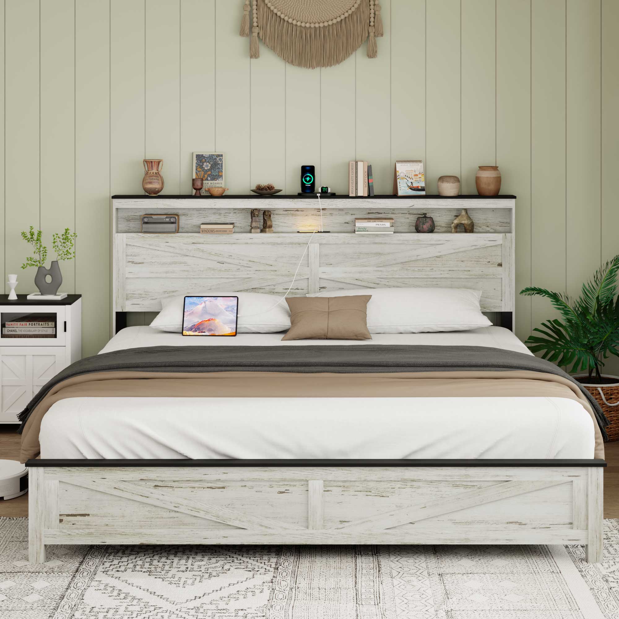 Lit king cadre bois avec rangement tête, blanc-gris