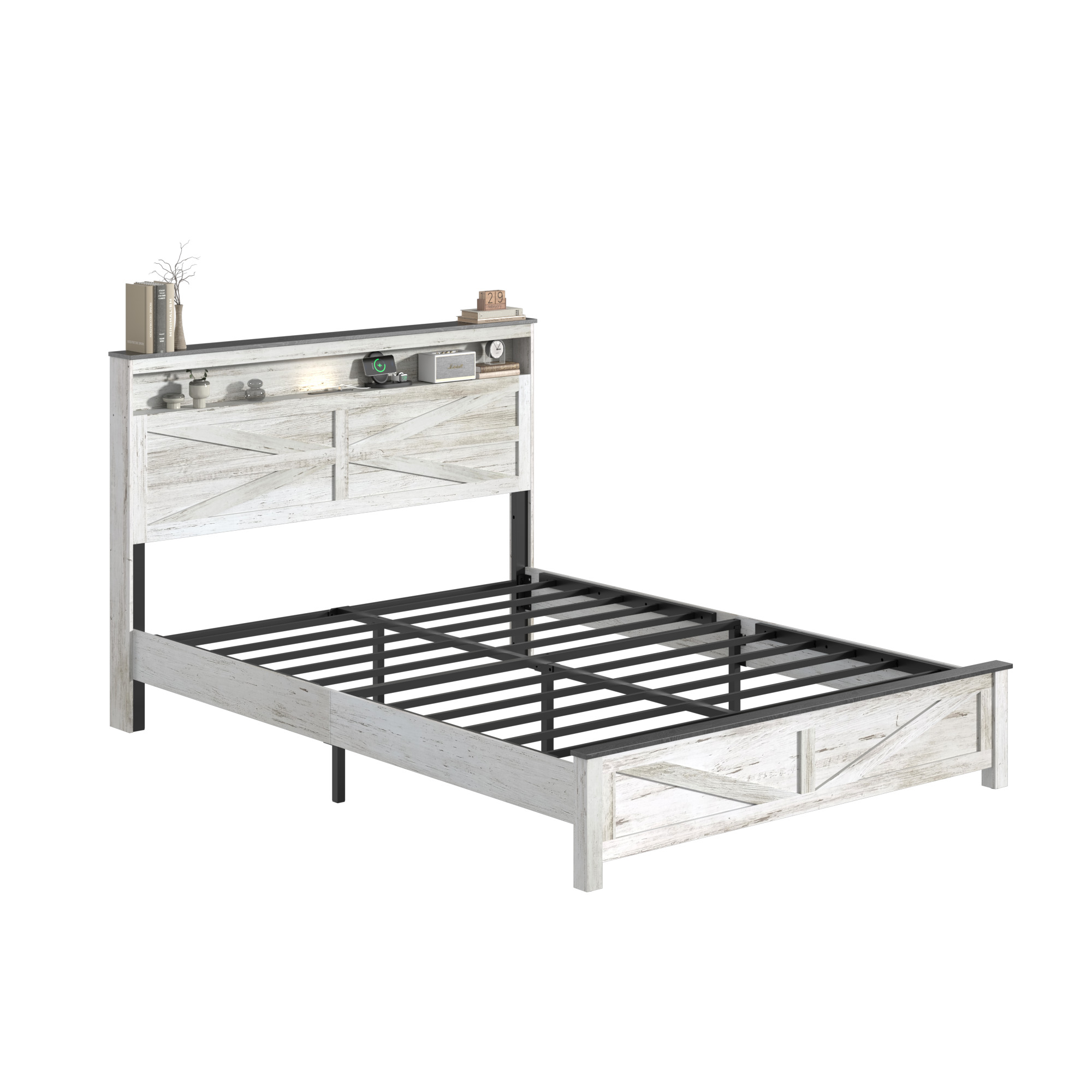 Lit flottant complet LED, chargeur, rangement caché, blanc gris