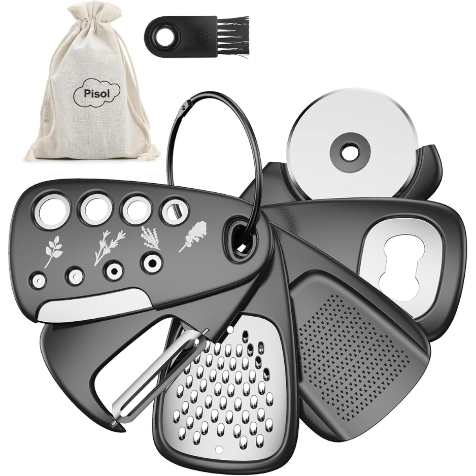 Ensemble 6 outils cuisine compacts - râpe, épluche, coupe-pizza, ouvre-bouteille